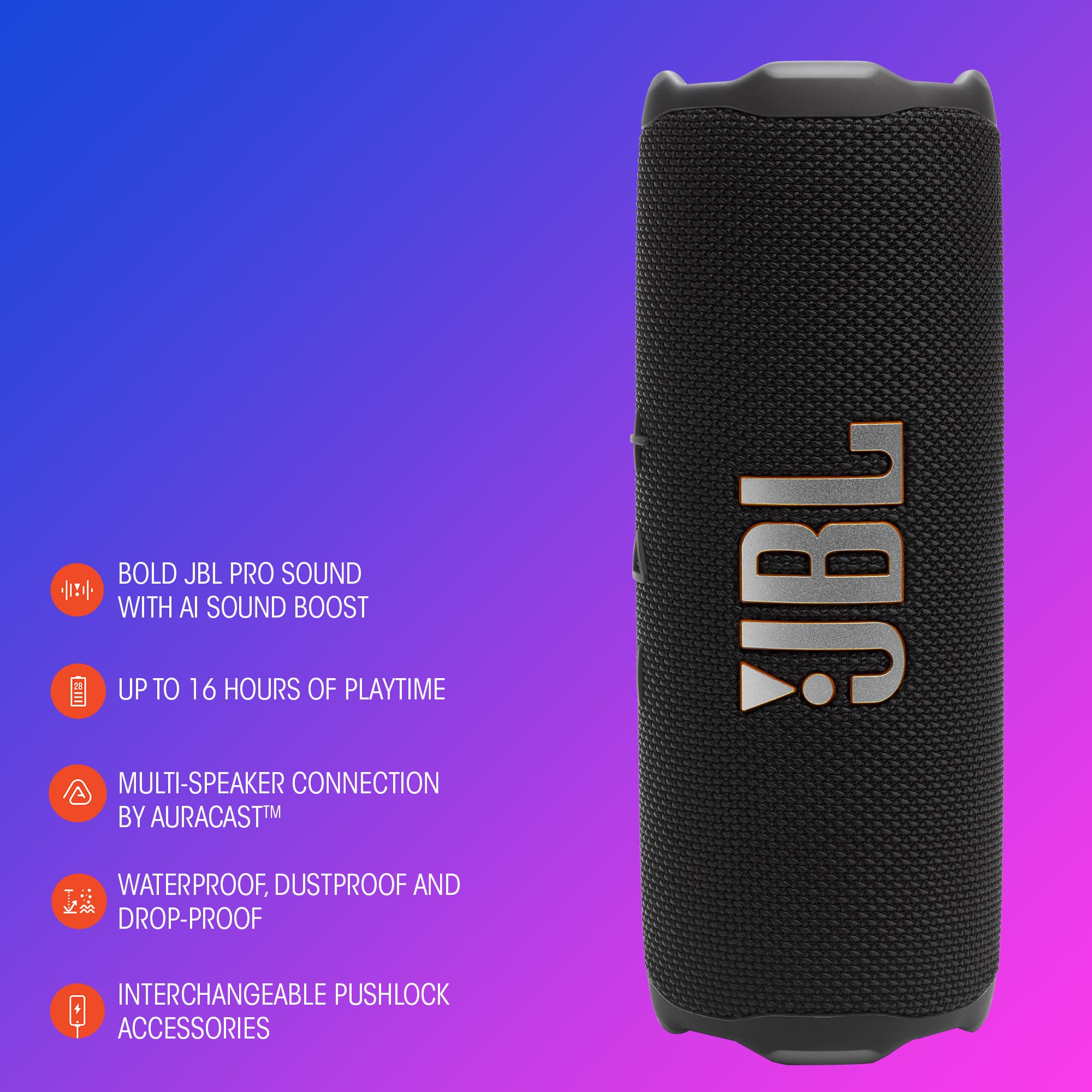 Bold JBL Pro Sound with Sound Boost Up to 16 Hours of Playtime Multi-Speaker Connection by AuraCastM Waterproof, Dustproof and Drop-Proof JBL Interchangeable Pushlock Accessories