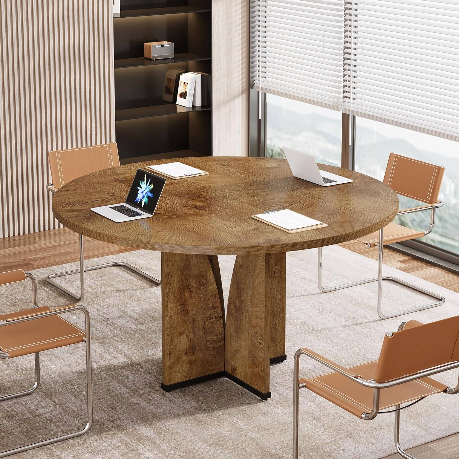 Alt View 2. Tribesigns - Conference Table with Engineered Wood Construction, Space-Saving Design and Round Top for Office - Brown.