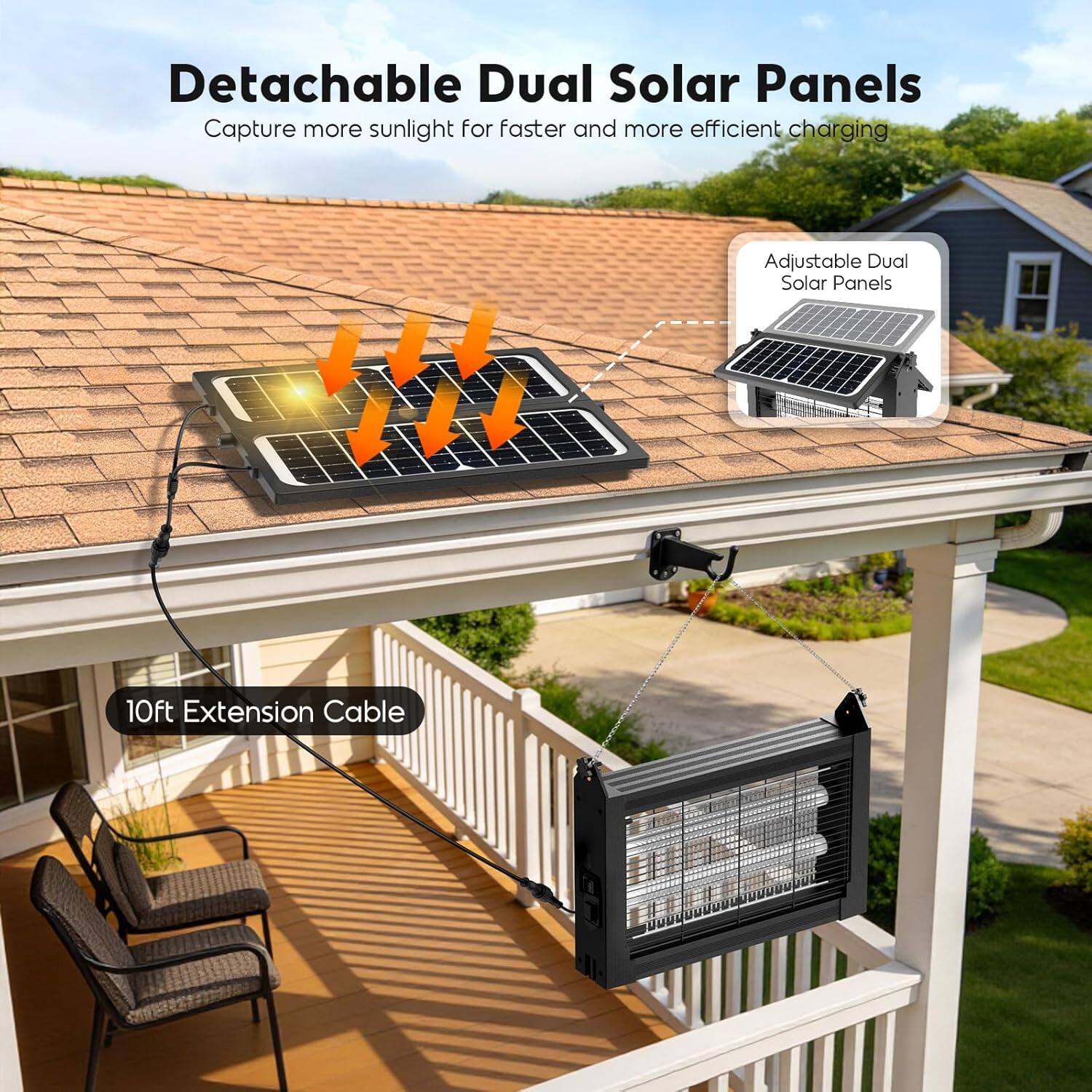 Detachable Dual Solar Panels  
Capture more sunlight for faster and more efficient charging  

Adjustable Dual Solar Panels  

10ft Extension Cable