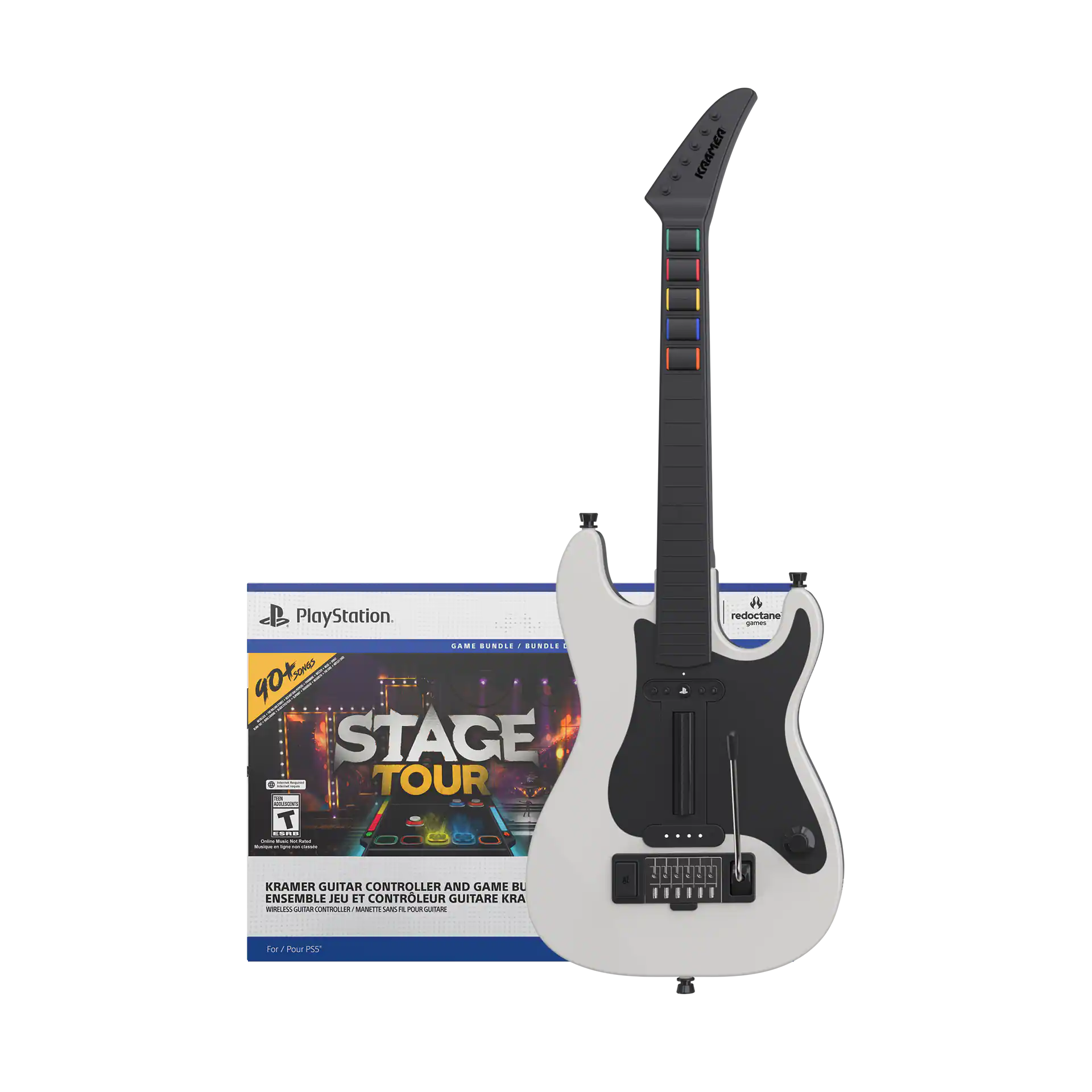 KRAMER  
PlayStation GAME BUNDLE  
90+ SHUS SONES STAGE TOUR 11% CHICKEN T LSAD  
Order State - BASE - - -  
redoctane gimo  
KRAMER GUITAR CONTROLLER AND GAME ENSEMBLE  
JEU ET CONTRÔLEUR GUITARE KRA  
BRUSS SUTAR CONTROLLER - SAND R POUR GUITARE  
For / Pour PSS'