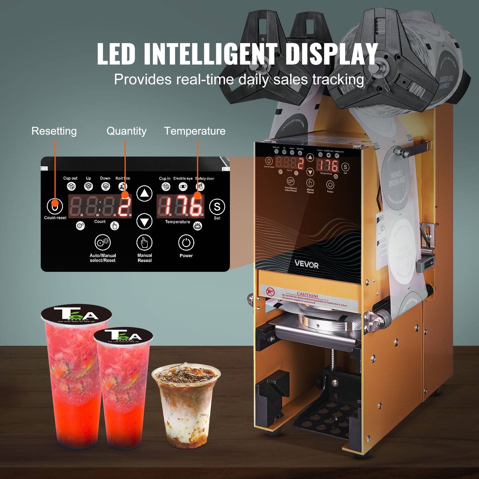 LED INTELLIGENT DISPLAY  
Provides real-time daily sales tracking  

Resetting  
Quantity  
Temperature  

Cup out  
Up  
Down  
Roll in  
Cup in  
Electronics  
Safety door  
Count-reset  
Count  
Temperature  
Set  
Auto/Manual select/Reset  
Manual Reseal  
Power  

VEVOR  

CAUTION!  
Do not touch the heating element when it is hot.