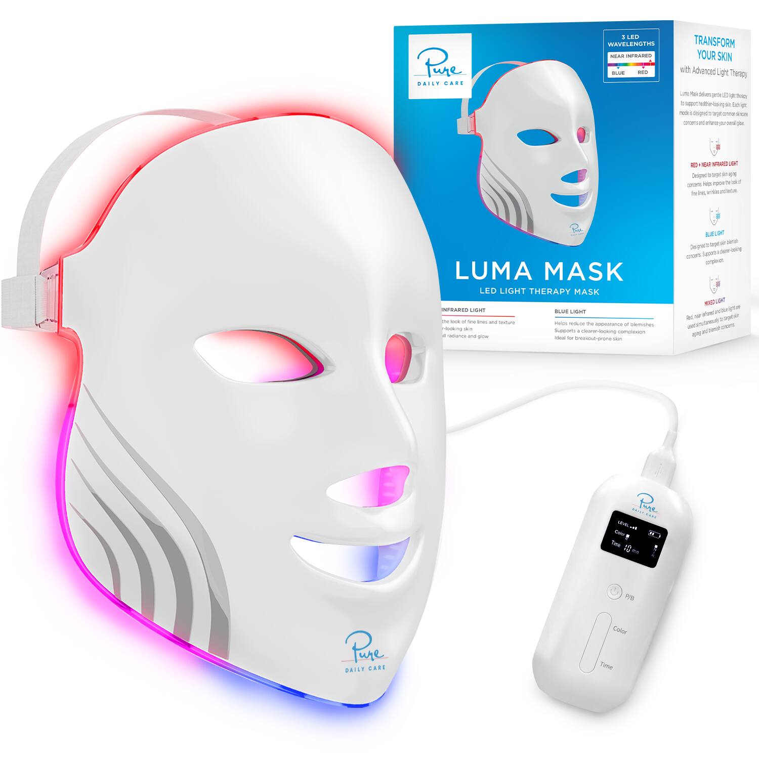 Pare DAILY CARE

3 LED WAVELENGTHS NEAR INFRARED BLUE 250

TRANSFORM YOUR SKIN with Advanced Light Therapy

LUMA MASK LED LIGHT THERAPY MASK INFRARED LIGHT BLUE LIGHT

Helps reduce the appearance of blemishes. Supports a clearer-looking complexion and glow for breakout-prone skin

BUEL sugar * premium Designerb Sugarbarba dess concers a arplein KUST bon get ad 15% and and agails

SMAS SAST n en

P/B

Parte... DAILY CARE

Color Time