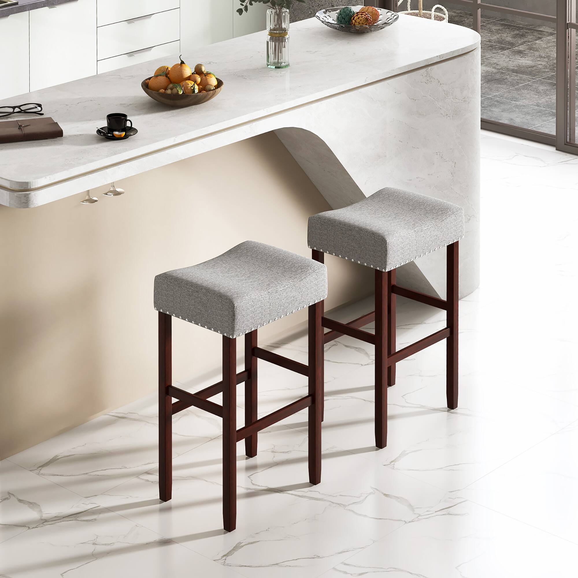 Alt View 3. Gymax - Gymax Set of 4 Bar Stools Bar Height Saddle Kitchen Chairs w/ Wooden Legs Beige - Gray + Brown.