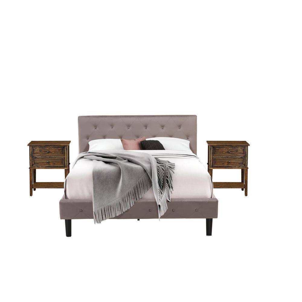 Alt View 4. East West Furniture - NL14Q-2VL07 3 Pc Bed Set - 1 Bed Brown Taupe Velvet Fabric Headboard and 2 Nightstands - Distressed Jacobean Finish - Taupe Brown.