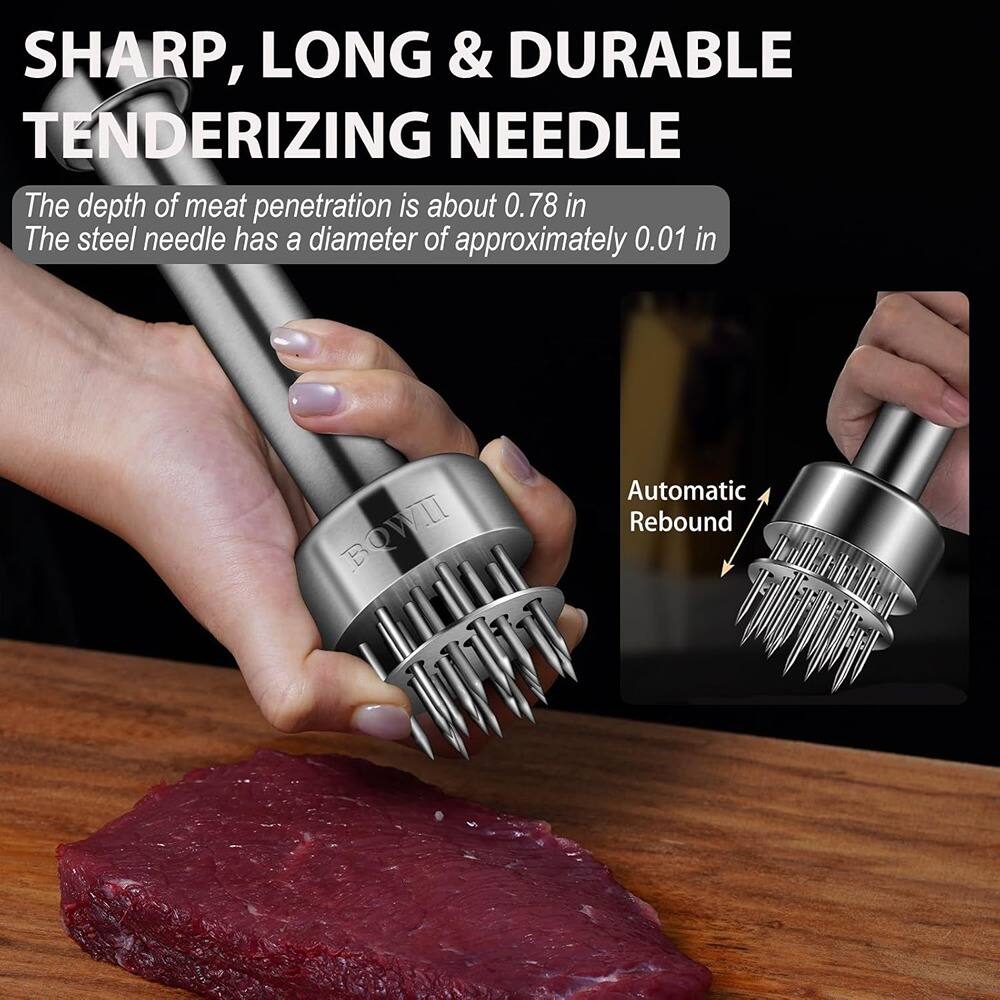 SHARP, LONG & DURABLE TENDERIZING NEEDLE

The depth of meat penetration is about 0.78 in  
The steel needle has a diameter of approximately 0.01 in

Automatic Rebound