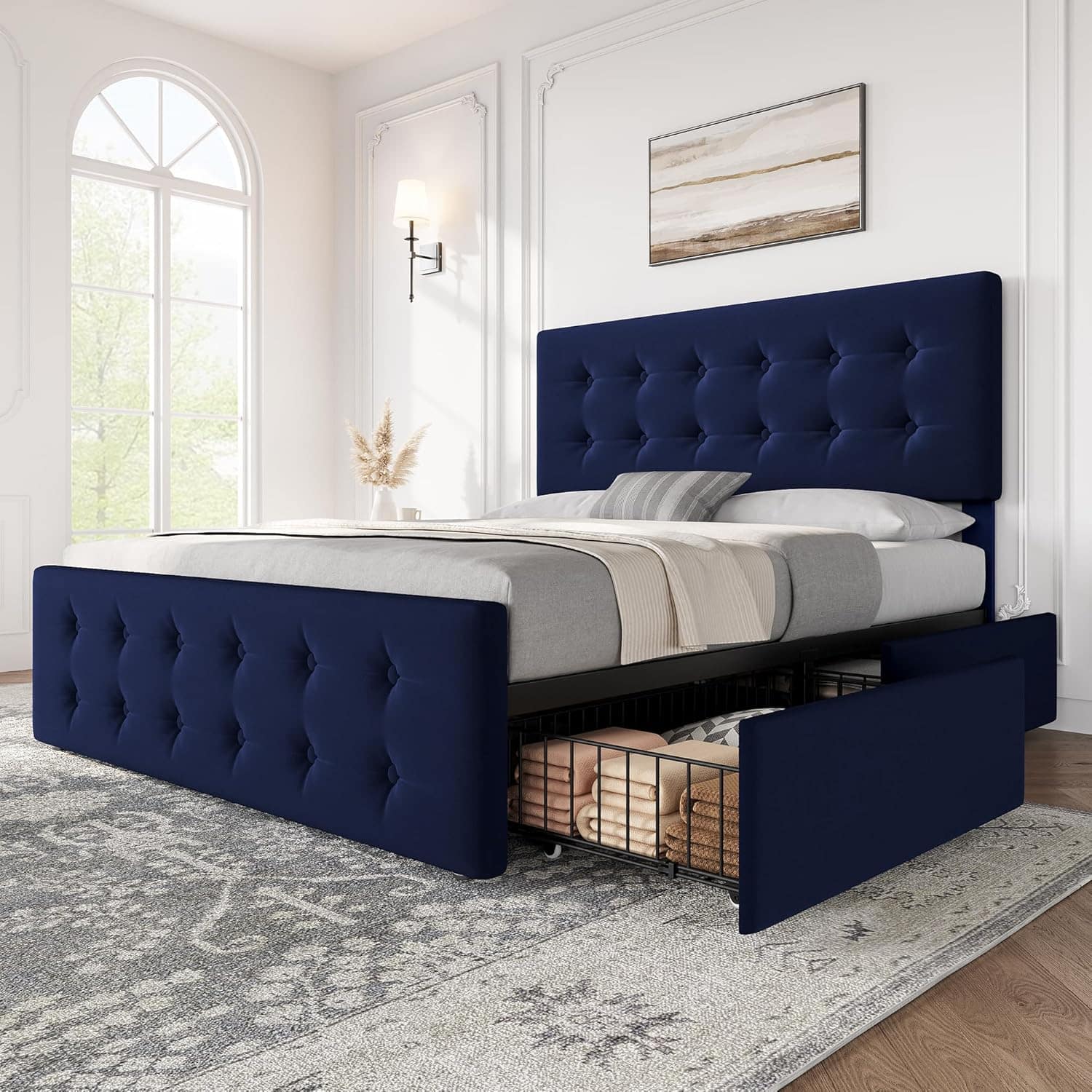 Babevy - Full/Queen/King Bed Frame with 4 Drawers & Adjustable Headboard, Faux Leather Upholstered Mattress Foundation - Blue