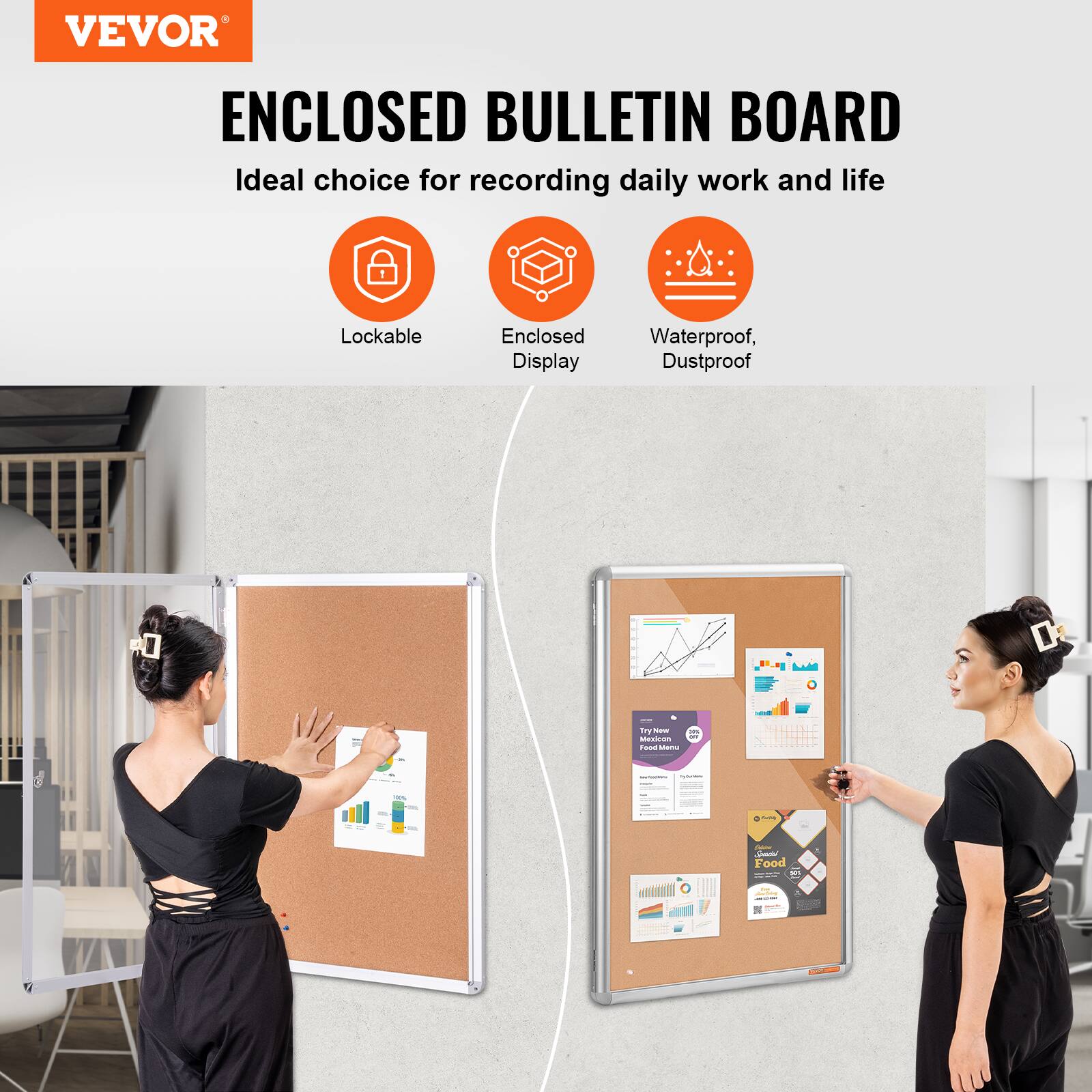 VEVOR ENCLOSED BULLETIN BOARD Ideal choice for recording daily work and life Lockable Enclosed Display Waterproof, Dustproof