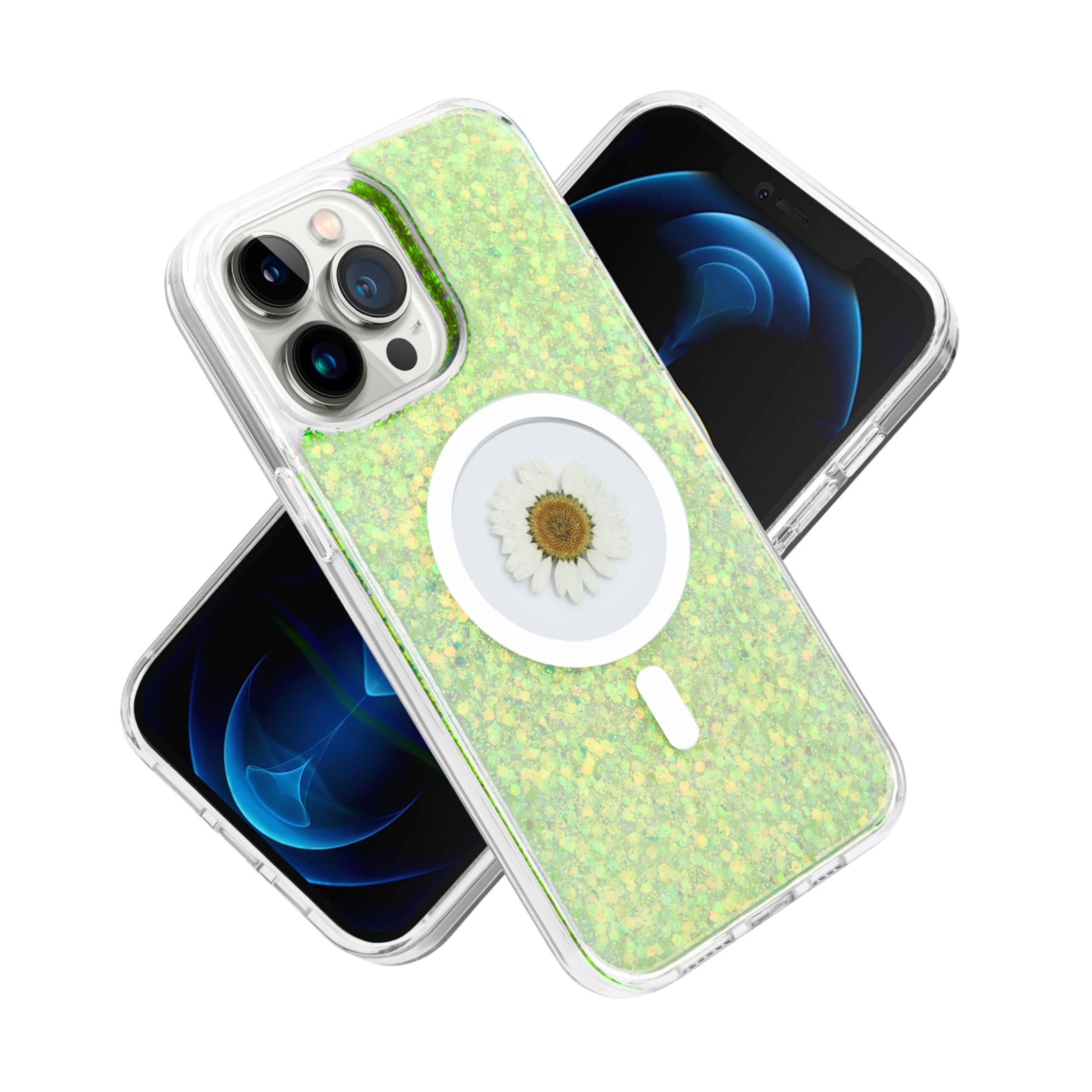 Left. Kitcheniva - Glitter Hybrid Epoxy Real Flower Phone Case With 2 Pcs Screen Protectors For iPhone 15 Pro Max Green - Green.