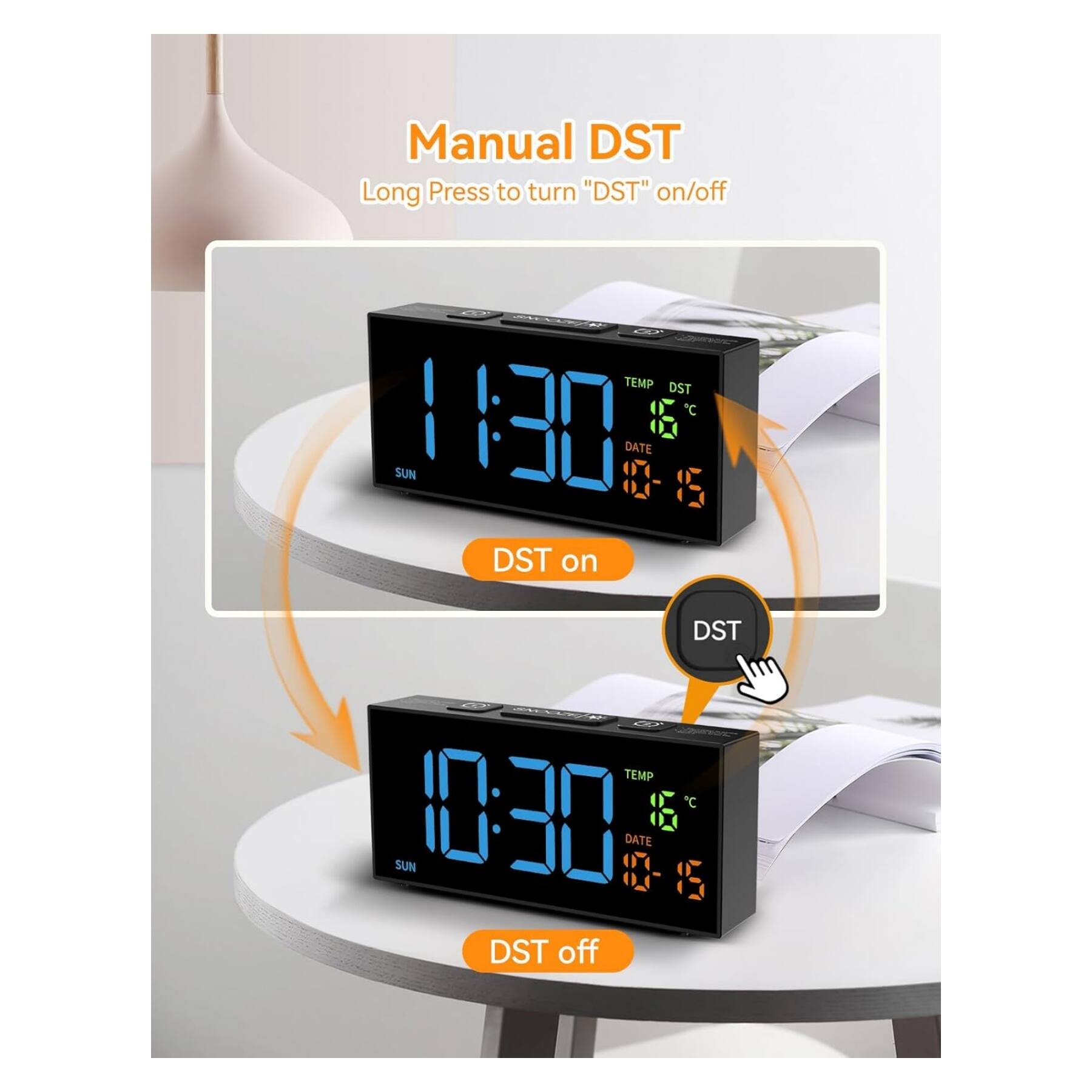 Manual DST  
Long Press to turn "DST" on/off  

TEMP DST C 1 $ DATE SUN 0-8 & DST on  
DST - G TEMP C 1:30 1 DATE SUN 0-1 &5 DST off