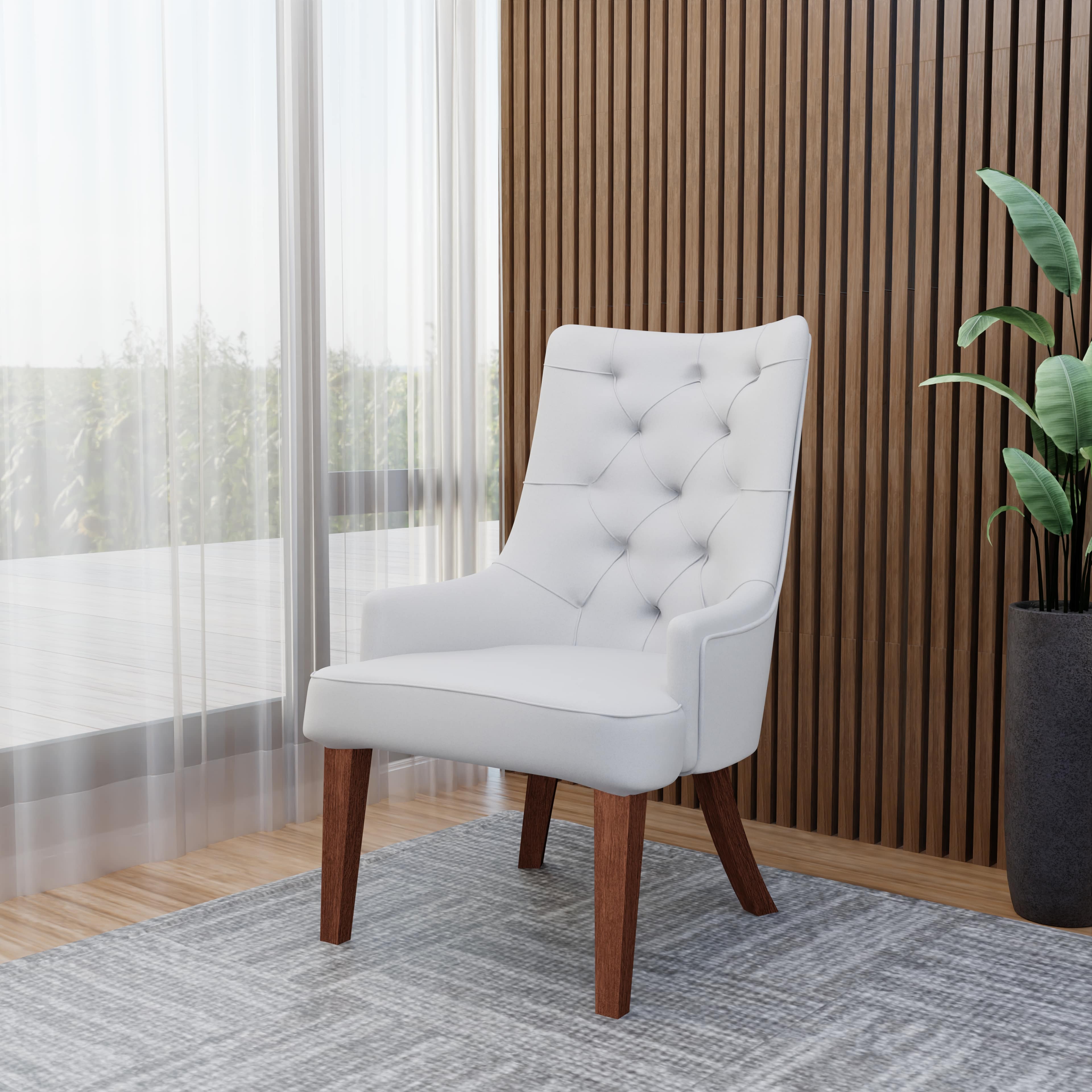 Angle. LeisureMod - Spruce Tufted Upholstered Dining Chair, High-Back Leather Armchair with Wood Legs - Light Grey.