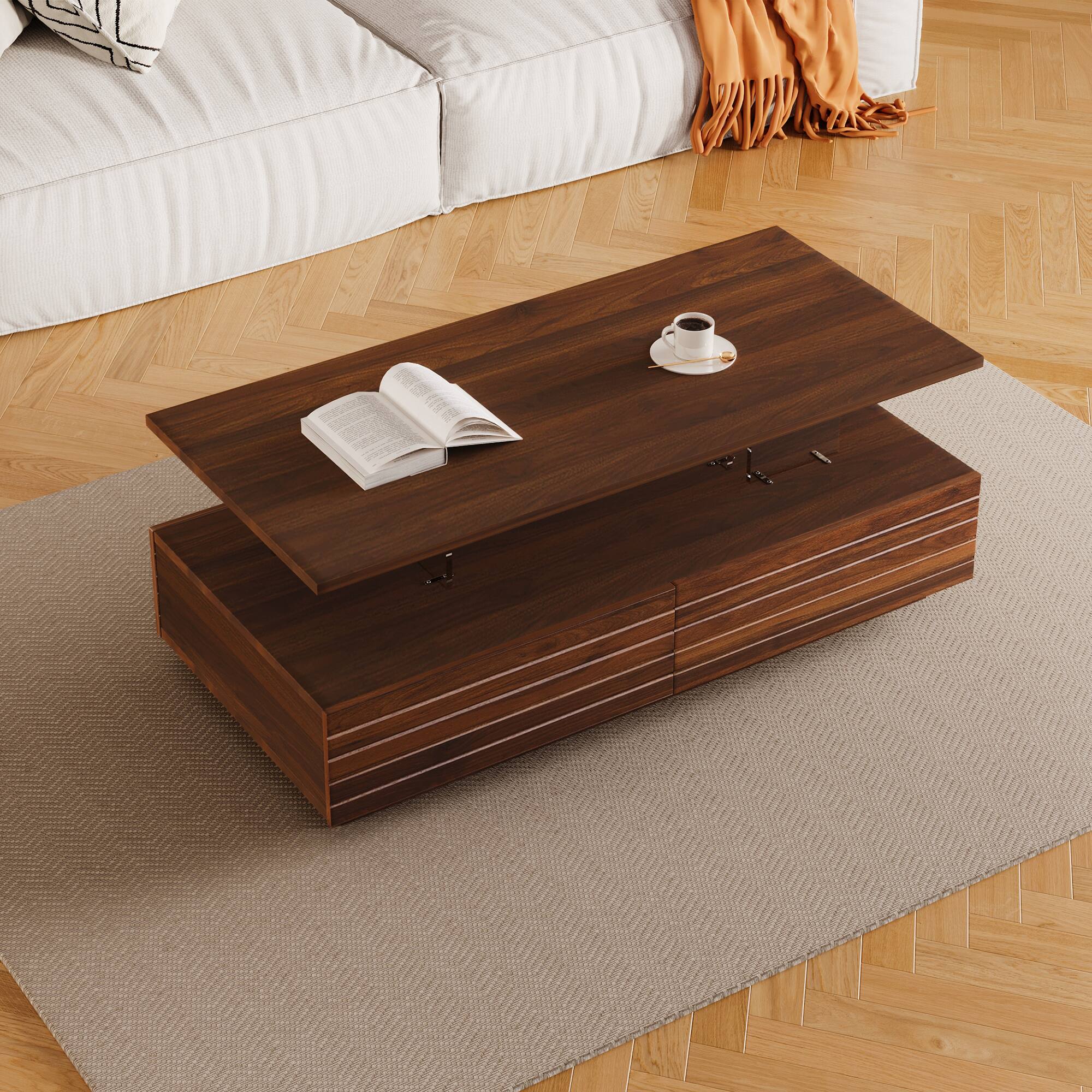 Alt View 1. Tiramisubest - Modern Walnut Rectangular LED Lights Coffee Table with 2 drawers in 47.2" - Walnut.
