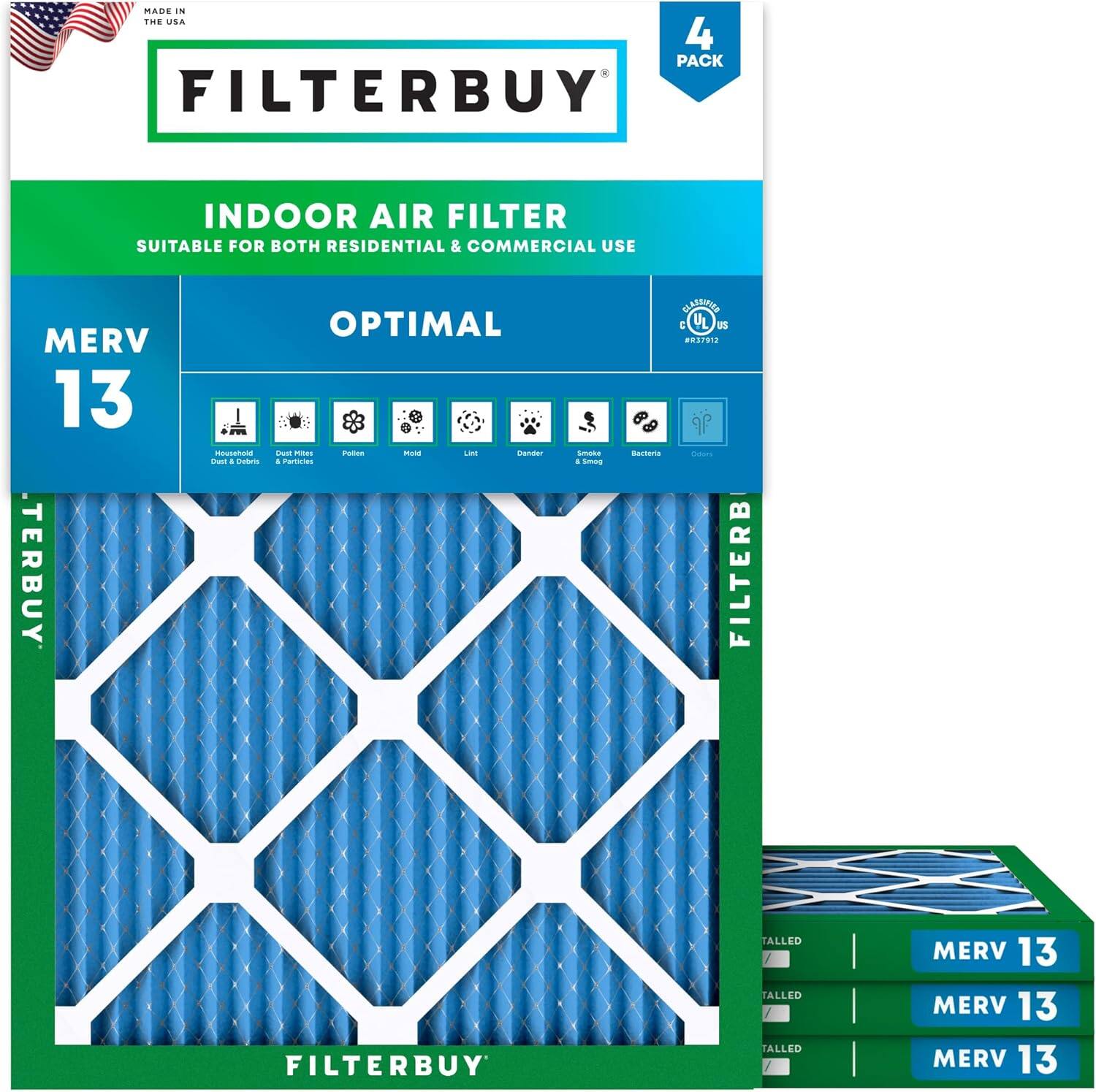 Filterbuy - 10x15x1 MERV 13 Smoke & Allergy Defense, Electrostatic Pleated HVAC AC Furnace Air Filters Replacement (4-Pack) - Blue