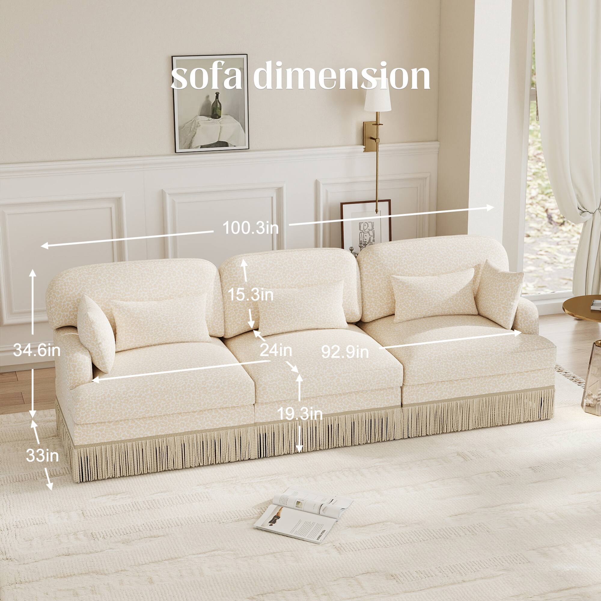 sofa dimension  
100.3in x 92.9in x 34.6in x 24in x 15.3in x 19.3in x 33in