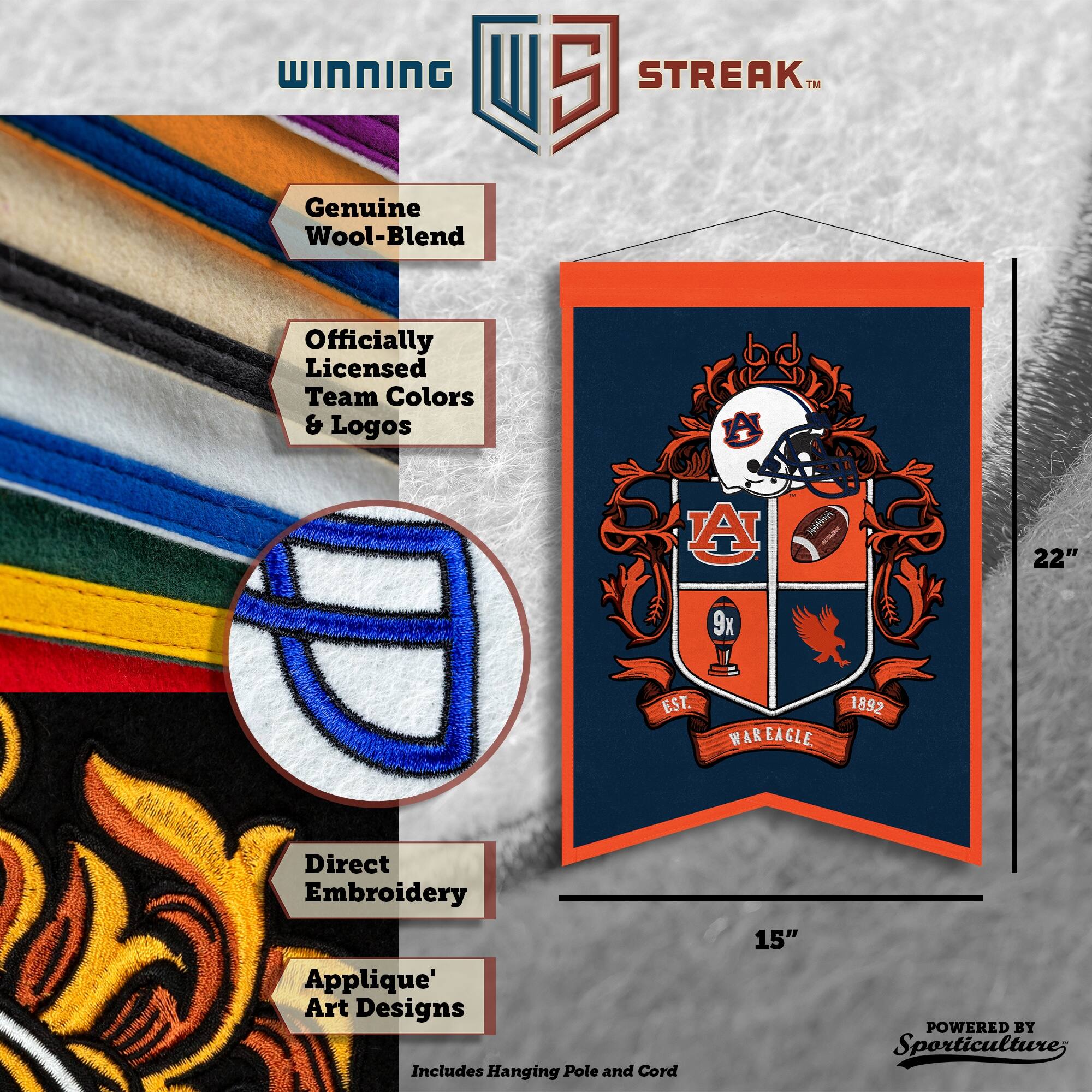 WINNING I 5 STREAK™ Genuine Wool-Blend Officially Licensed Team Colors & Logos A A Wtn 22" 9x EST. 1892 WAREAGLE Direct Embroidery Applique' Art Designs Includes Hanging Pole and Cord 15" POWERED BY Sporticulture