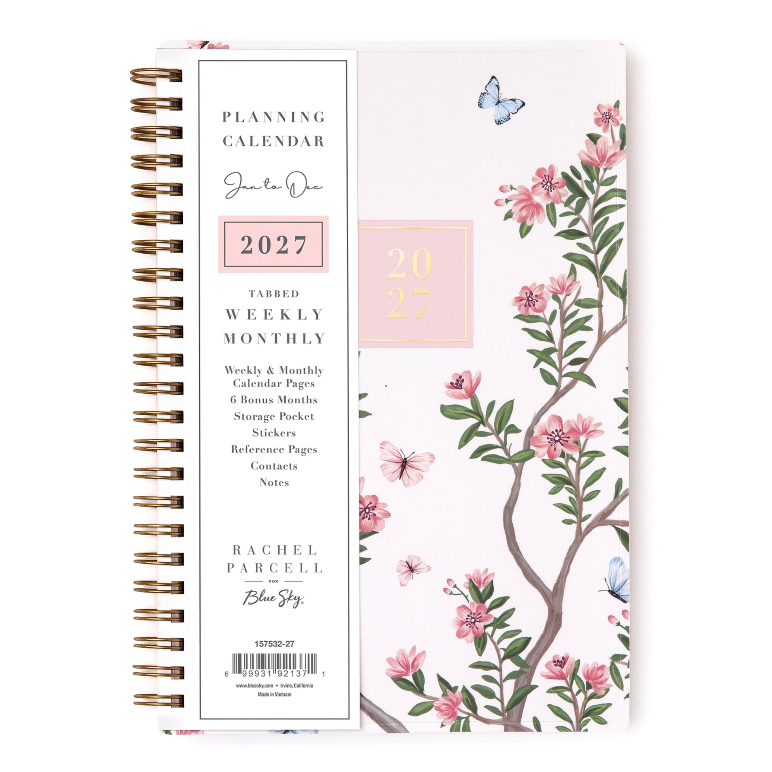 PLANNING CALENDAR  
June - Dec  
2027  
TABBED WEEKLY MONTHLY  
Weekly & Monthly Calendar Pages  
6 Bonus Months  
Storage Pocket  
Stickers  
Reference Pages  
Contacts  
Notes  
RACHEL PARCELL FOR Blue Sky  
157532-27  
6 99931 92137  
www.bluesky.com  
Incline Village, California  
Made in Vietnam