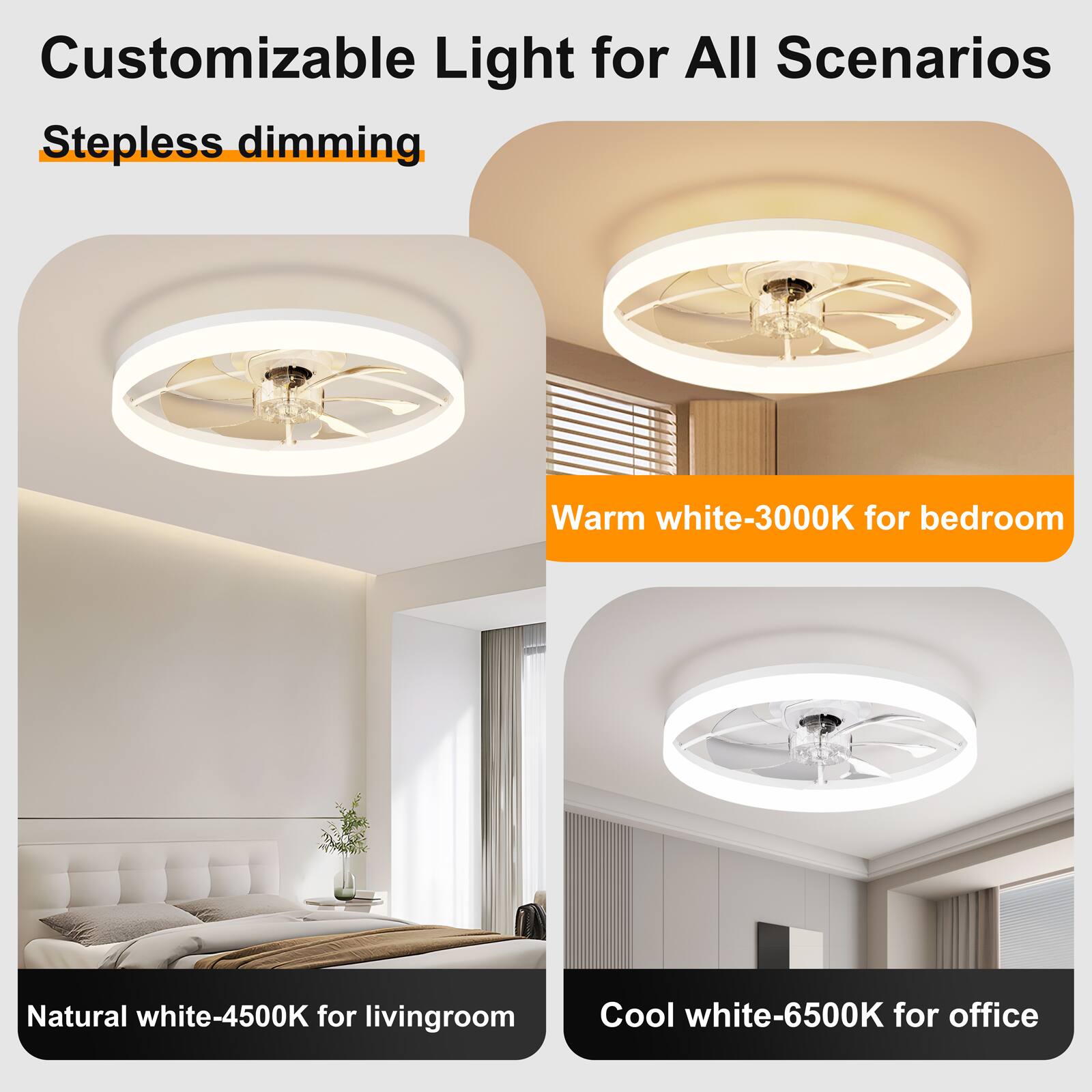 Customizable Light for All Scenarios  
Stepless dimming  
Warm white-3000K for bedroom  
Natural white-4500K for living room  
Cool white-6500K for office