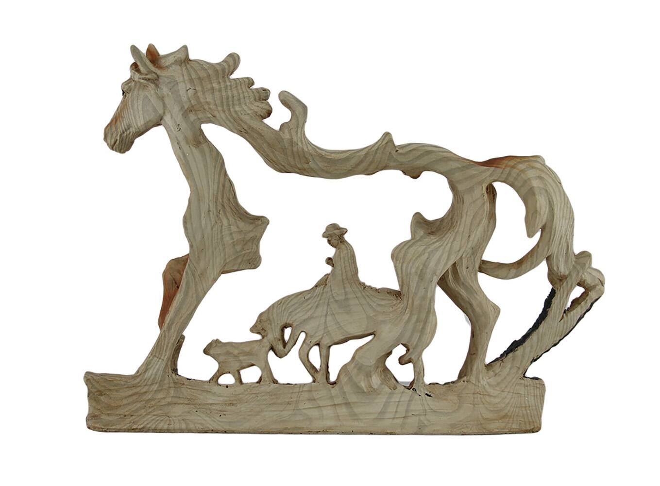 Alt View 2. Zeckos - Horse and Cowboy Faux Wood Carving Statue - Brown.
