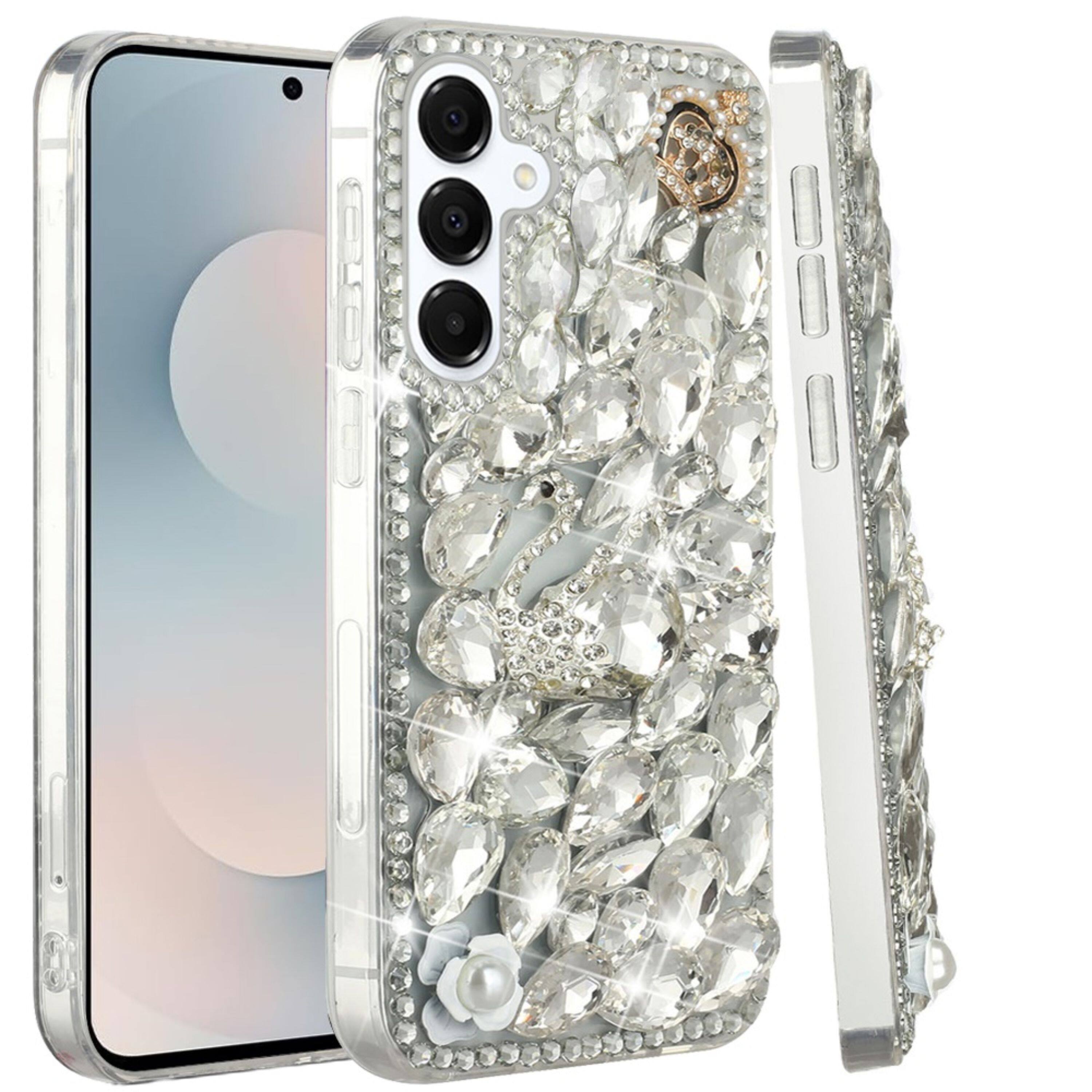 Angle. Kitcheniva - Full Diamond Bling 3D Jewel Ornaments Plus Tempered Glass For Samsung S25 FE Silver Swan Crown Pearl - Multicolor.