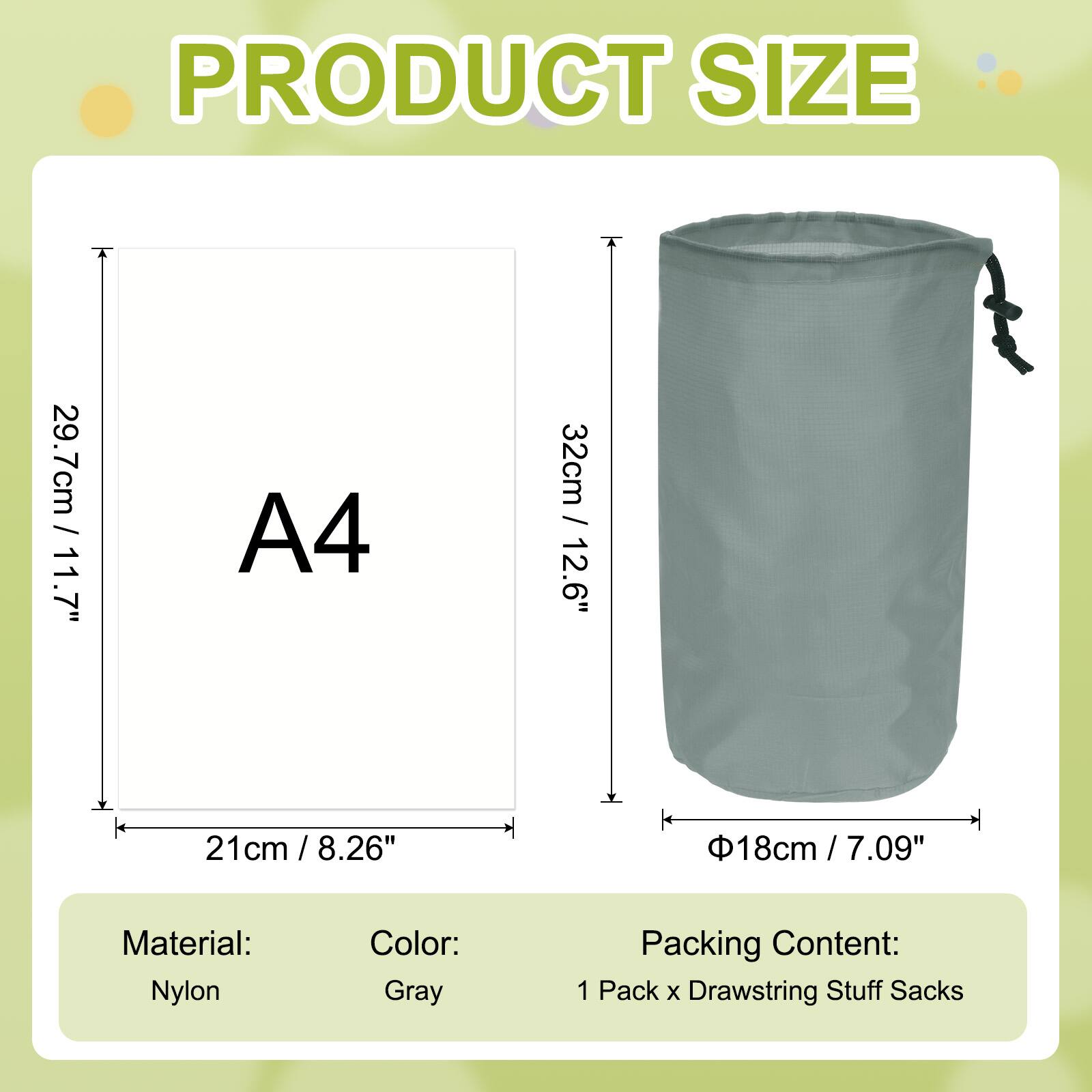 PRODUCT SIZE

A4  
29.7cm / 11.7"  
21cm / 8.26"  

32cm / 12.6"  
Ø18cm / 7.09"  

Material: Nylon  
Color: Gray  

Packing Content:  
1 Pack x Drawstring Stuff Sacks