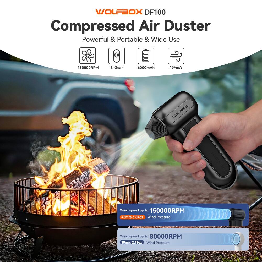 WOLFBOX DF100 Compressed Air Duster  
Powerful & Portable & Wide Use  

- 150000RPM  
- 3-Gear  
- 6000mAh  
- 45+m/s  

Wind speed up to 150000RPM  
Wind Pressure: 6.34oz  

Wind speed up to 80000RPM  
Wind Pressure: 2.11oz