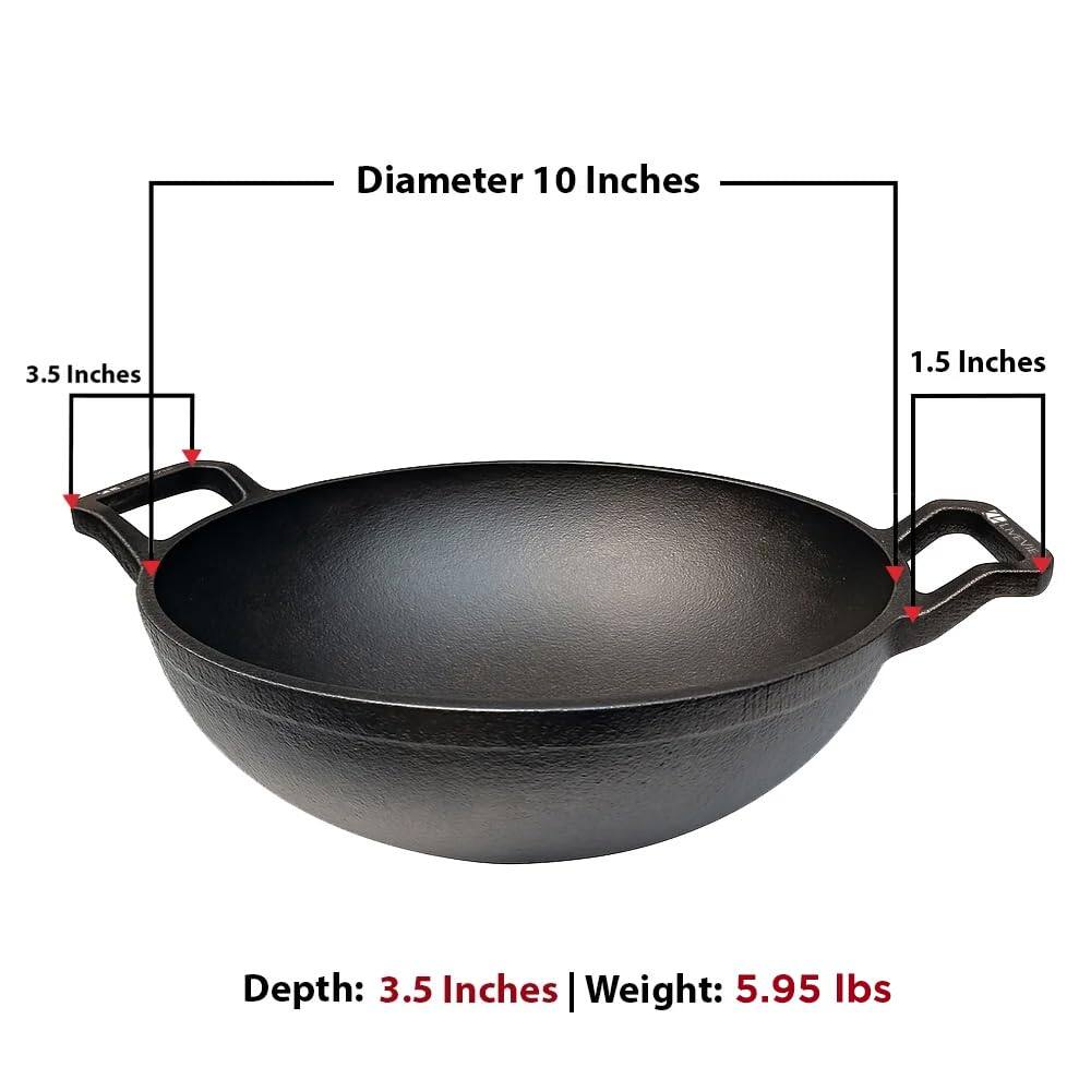 Diameter: 10 Inches  
Depth: 3.5 Inches  
Weight: 5.95 lbs  
Handle Length: 3.5 Inches  
Handle Width: 1.5 Inches