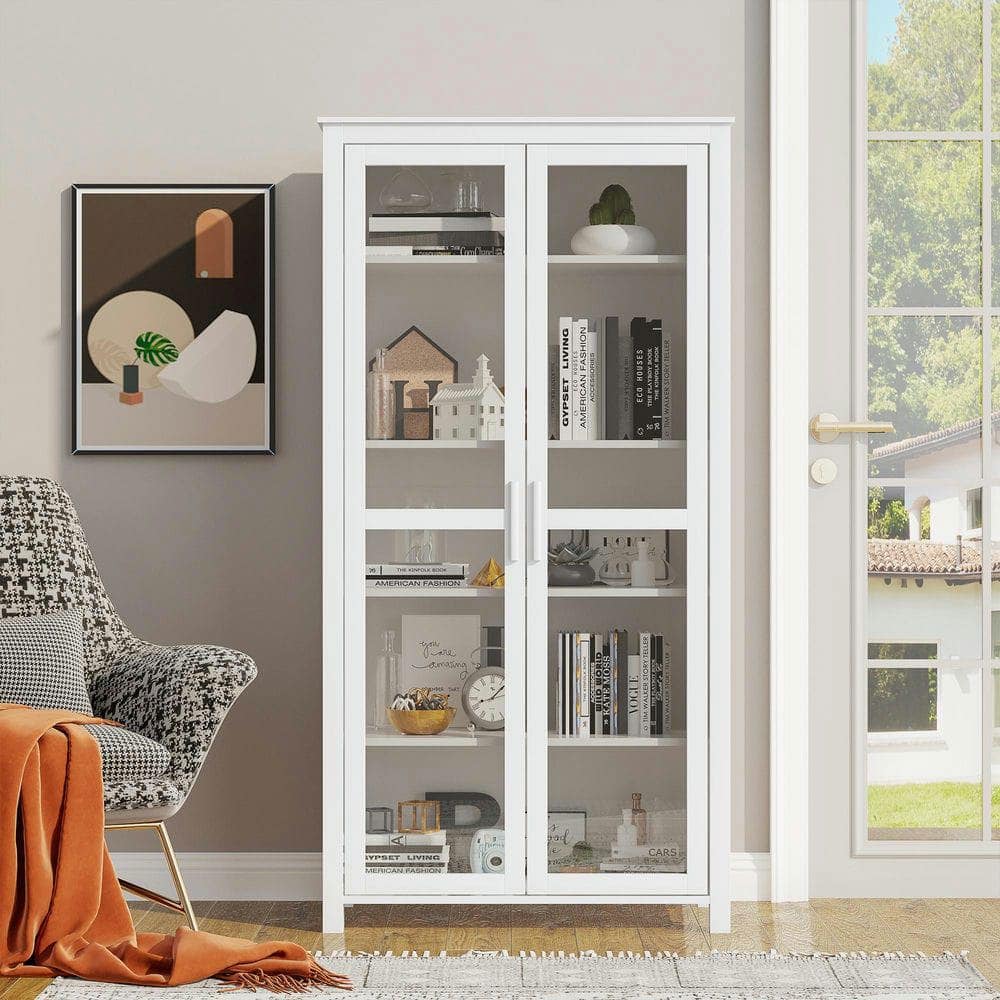 Kadyn - 63" Kitchen Pantry Cabinet, Freestanding Storage Cabinet with 2 Glass Door and 2 Adjustable Shelves - White