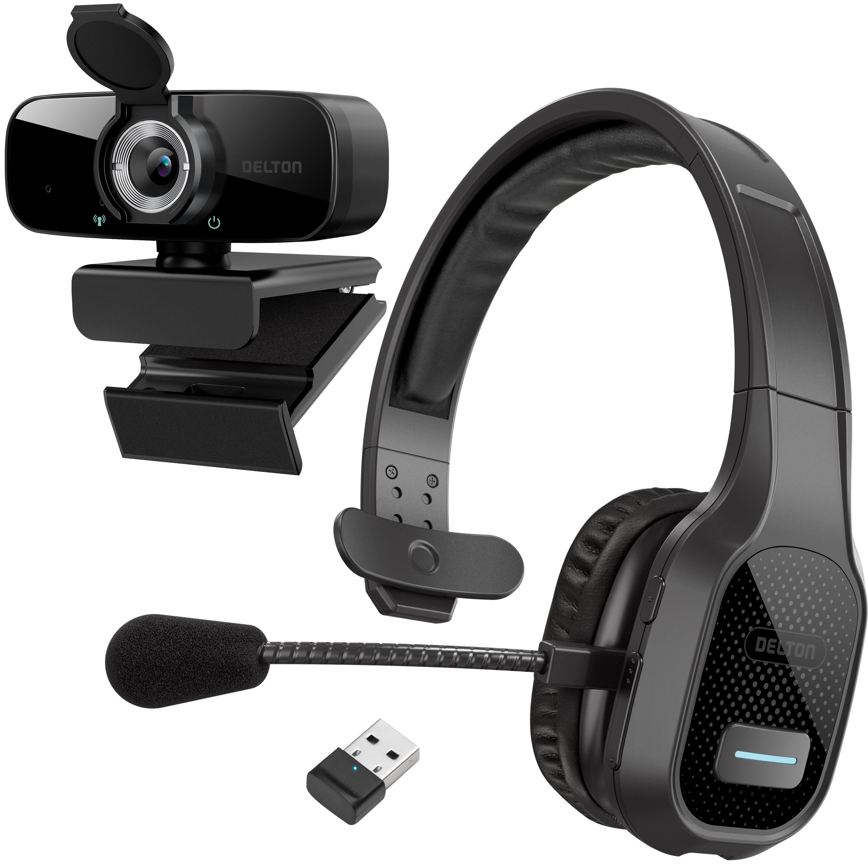 Delton - 20x Bluetooth Computer Headset Wireless, 1080p Webcam (DBTHEAD20XBNDL) - Black