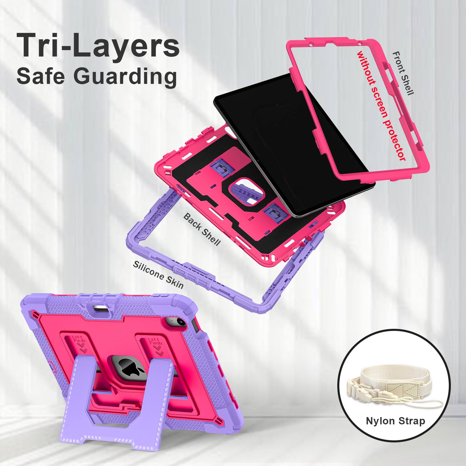 Tri-Layers Safe Guarding  
HEERE  
Back Shell Silicone Skin without Front Shell screen protector  
LAT Pw LAL Pds  
Nylon Strap