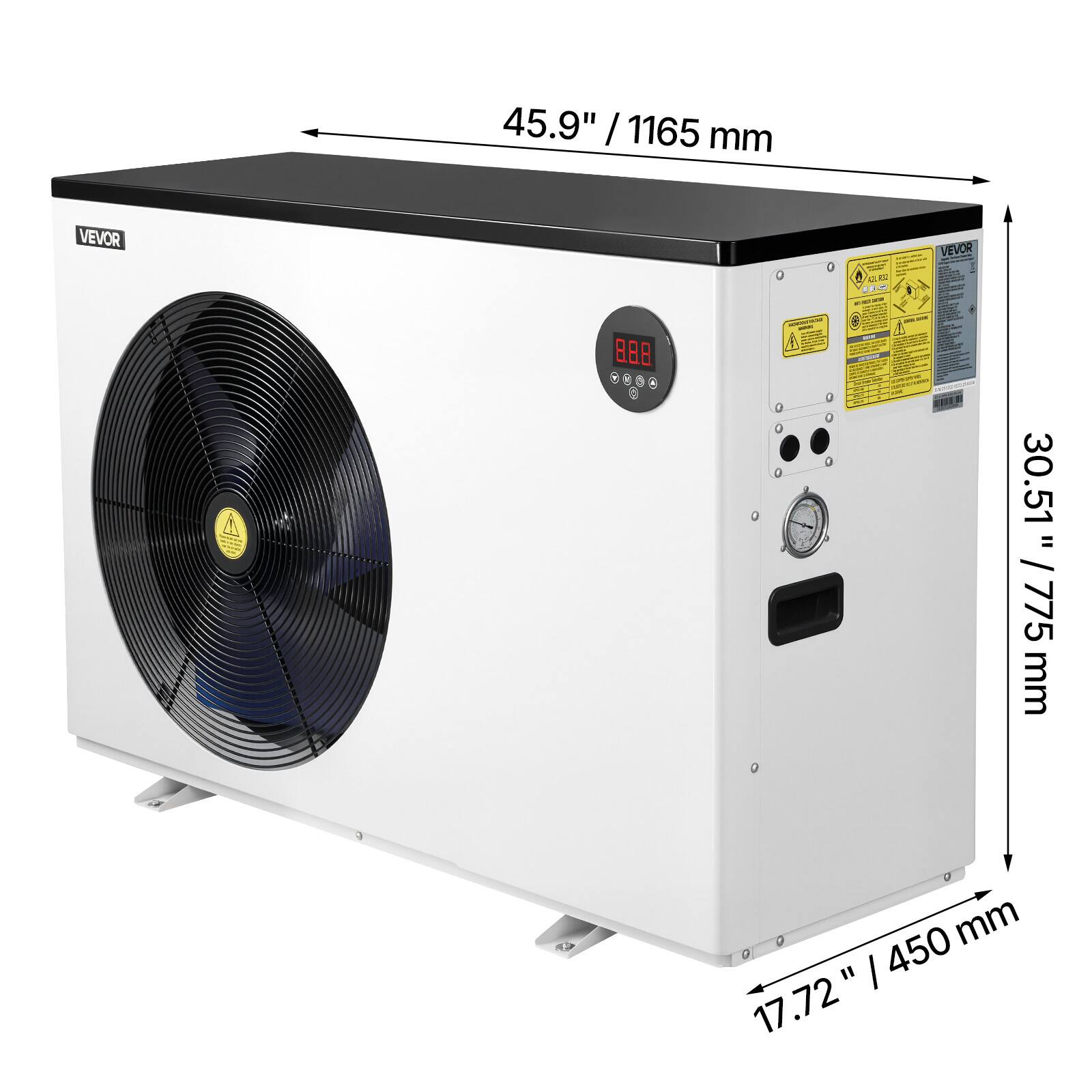 45.9" / 1165 mm  
VEVOR  
30.51" / 775 mm  
17.72" / 450 mm