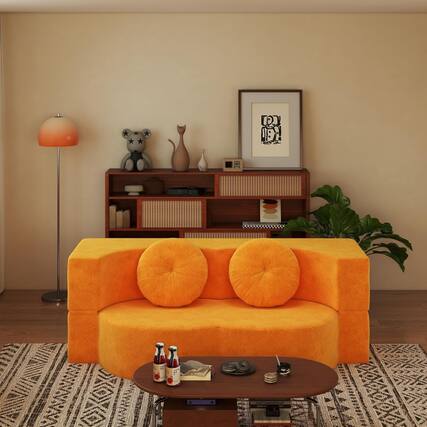 Front. Trinkets Crazed - 2-in-1 Folding Sofa Bed, Convertible Floor Couch with Full Size Folding Mattres - yellow.