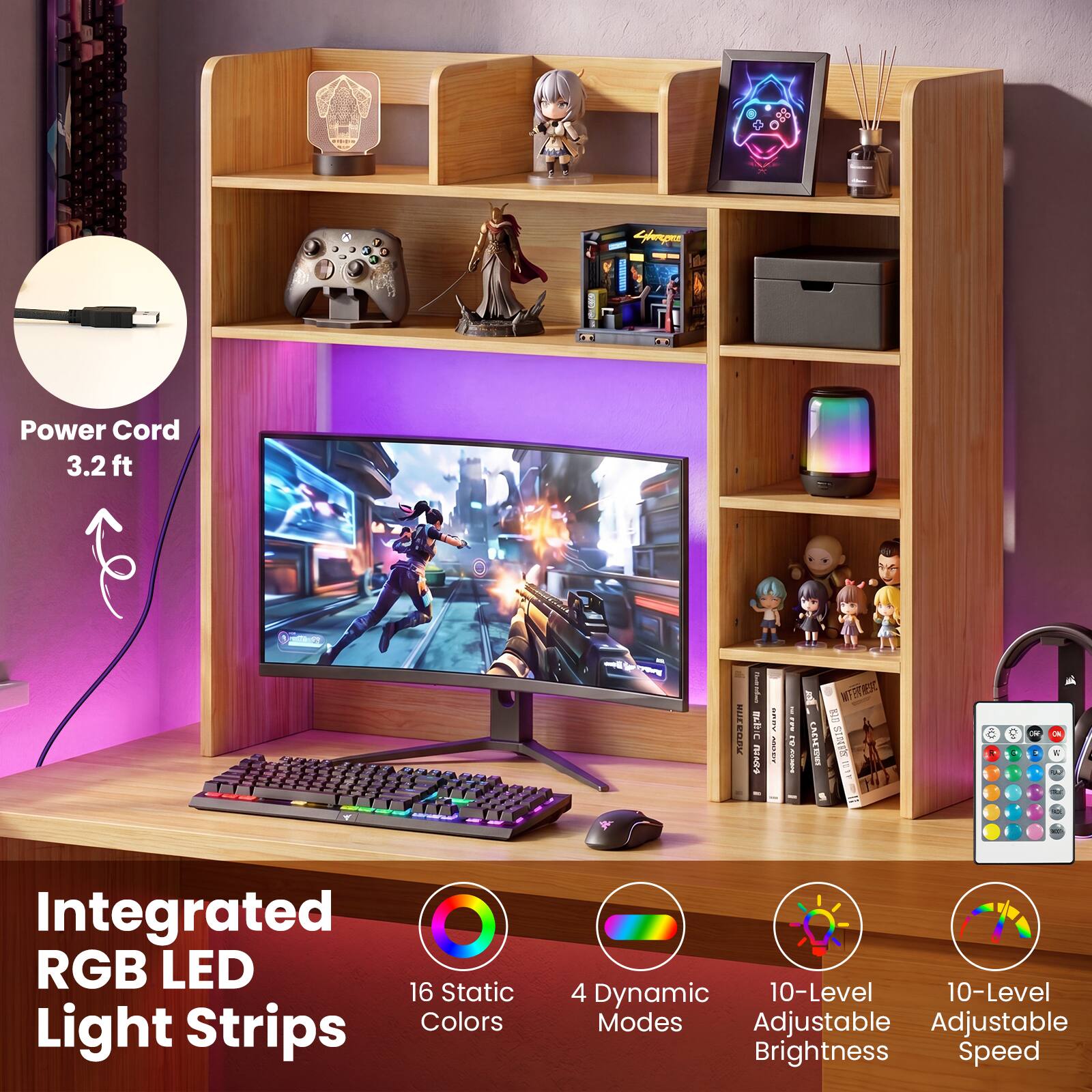 Eperge Power Cord 3.2 ft BUROPK BDHC MAE I ! i i EN 1T CACHEBE STENNIF BIY

Integrated RGB LED 16 Static Strips Colors Light 4 Dynamic 10-Level 10-Level Modes Adjustable Adjustable Brightness Speed