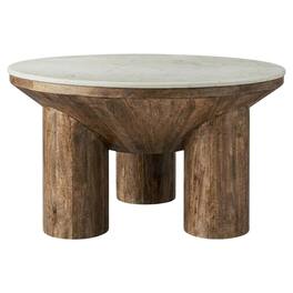 FurniFact - Wood Coffee Table with Marble Top, 33-Inch Round, Modern Design - Brown