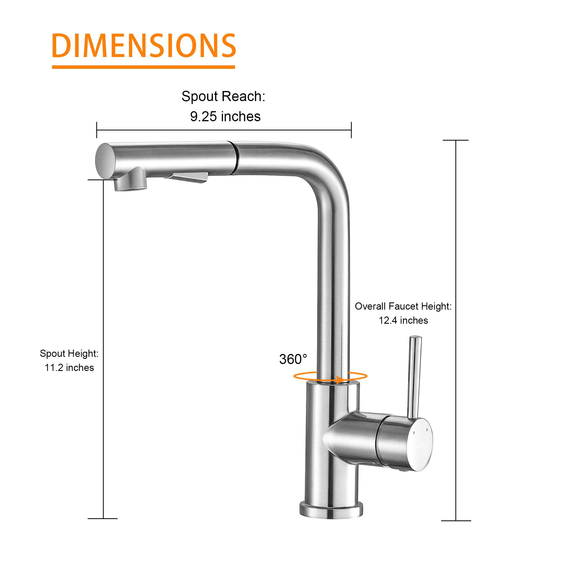 DIMENSIONS  
Spout Reach: 9.25 inches  
Overall Faucet Height: 12.4 inches  
Spout Height: 11.2 inches  
360°