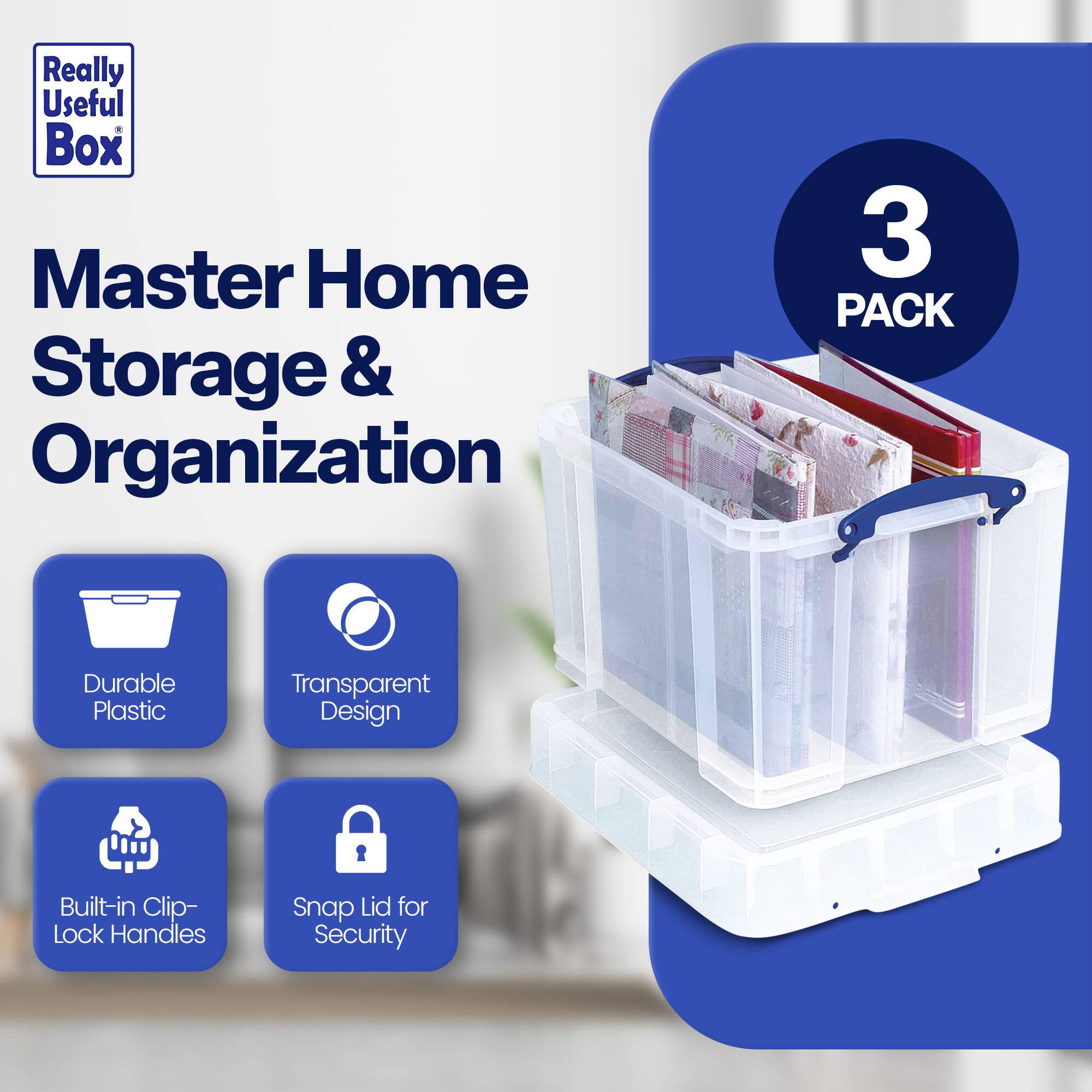 Really Useful Box  
Master Home Storage & Organization  
3 PACK  

- Durable Plastic  
- Transparent Design  
- Built-in Clip-Lock Handles  
- Snap Lid for Security