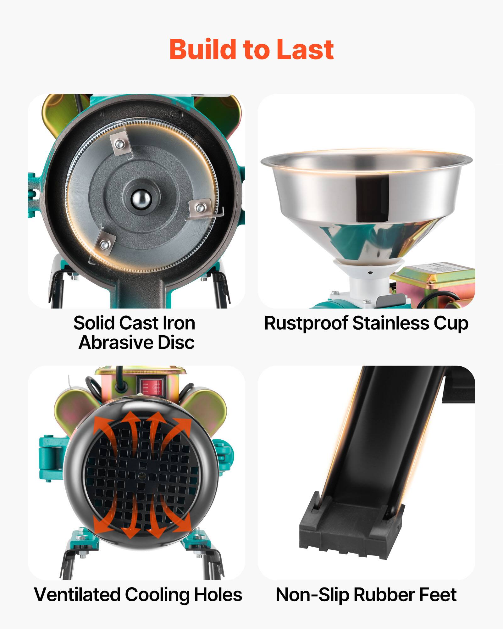 Build to Last

- Solid Cast Iron Abrasive Disc
- Rustproof Stainless Cup
- Ventilated Cooling Holes
- Non-Slip Rubber Feet