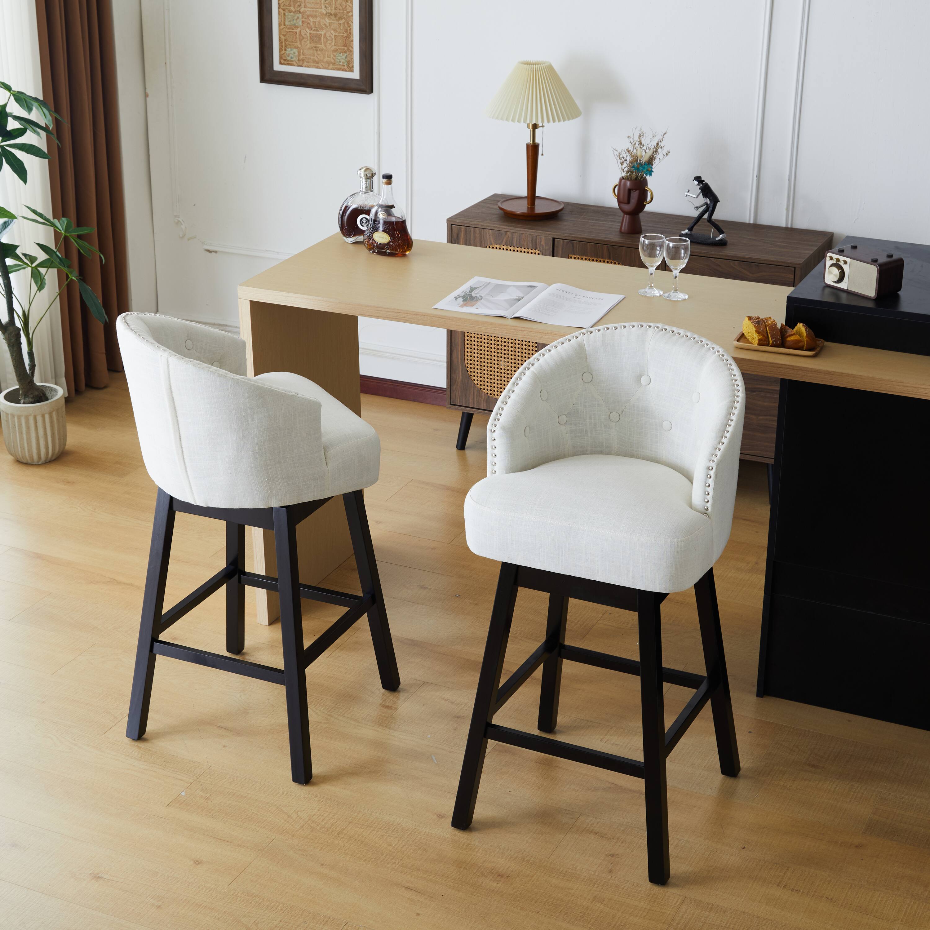 Front. APRILSOUL - 33.25 Swivel Counter Stools Set of 2 Upholstered Solid Rubber Wood Frame Backrest Black Beige - Black.