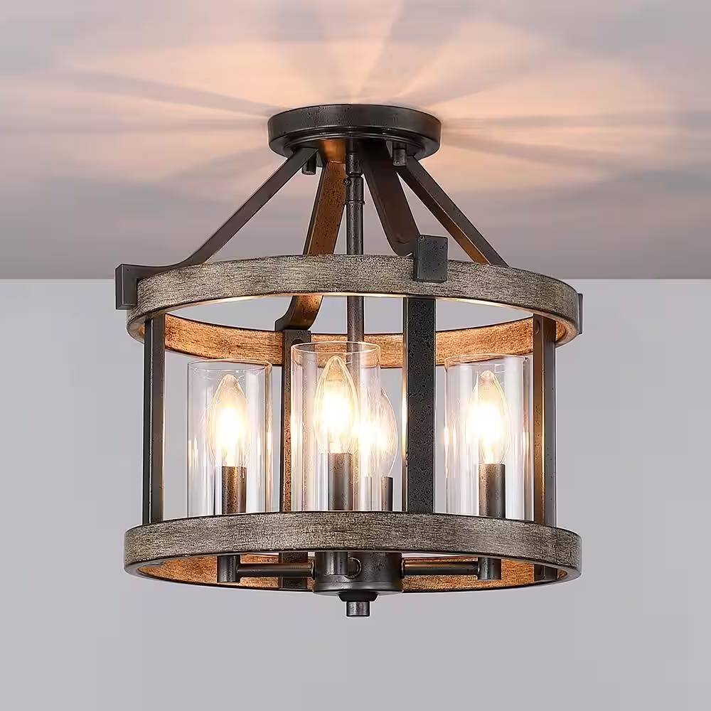 Back. Hivvago - Round 4-Light 12.5-inch Metal Wood Farmhouse Ceiling Lamp - Semi-Flush Mount - Brown.
