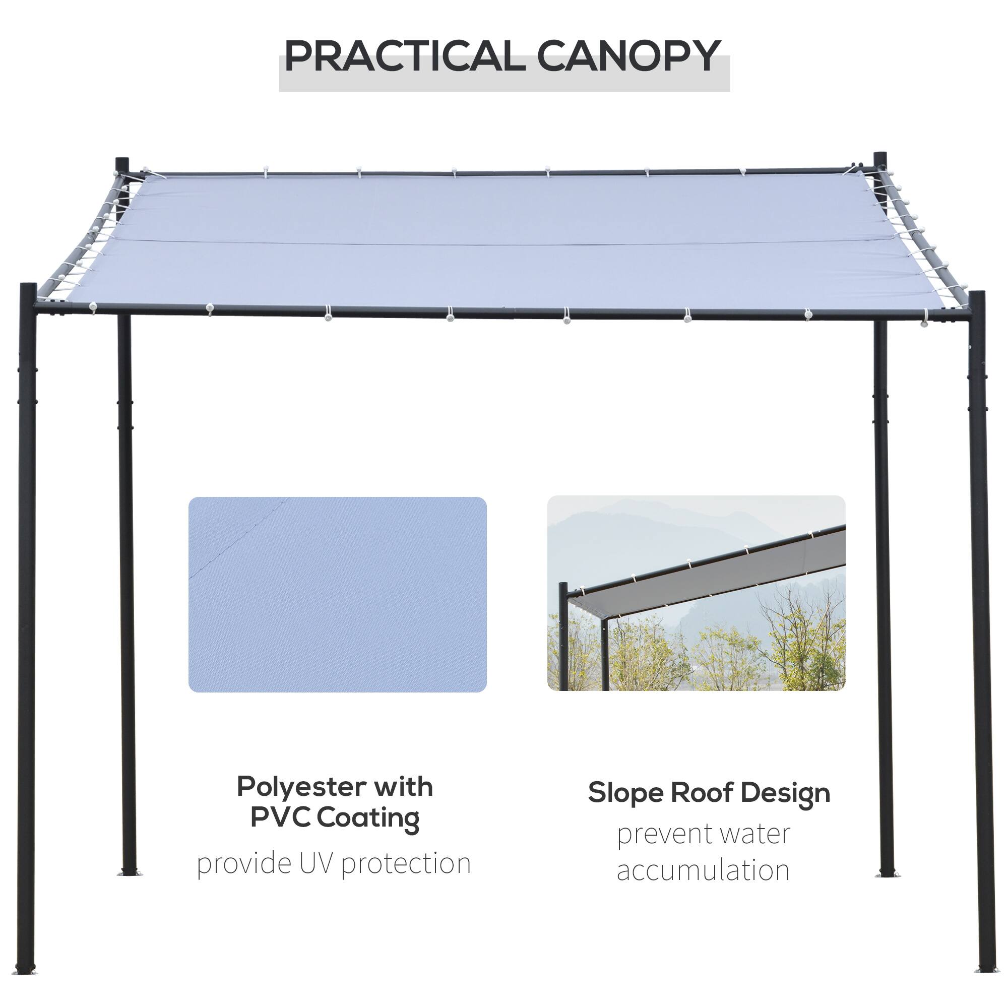 PRACTICAL CANOPY
Polyester with PVC Coating provide UV protection
Slope Roof Design prevent water accumulation