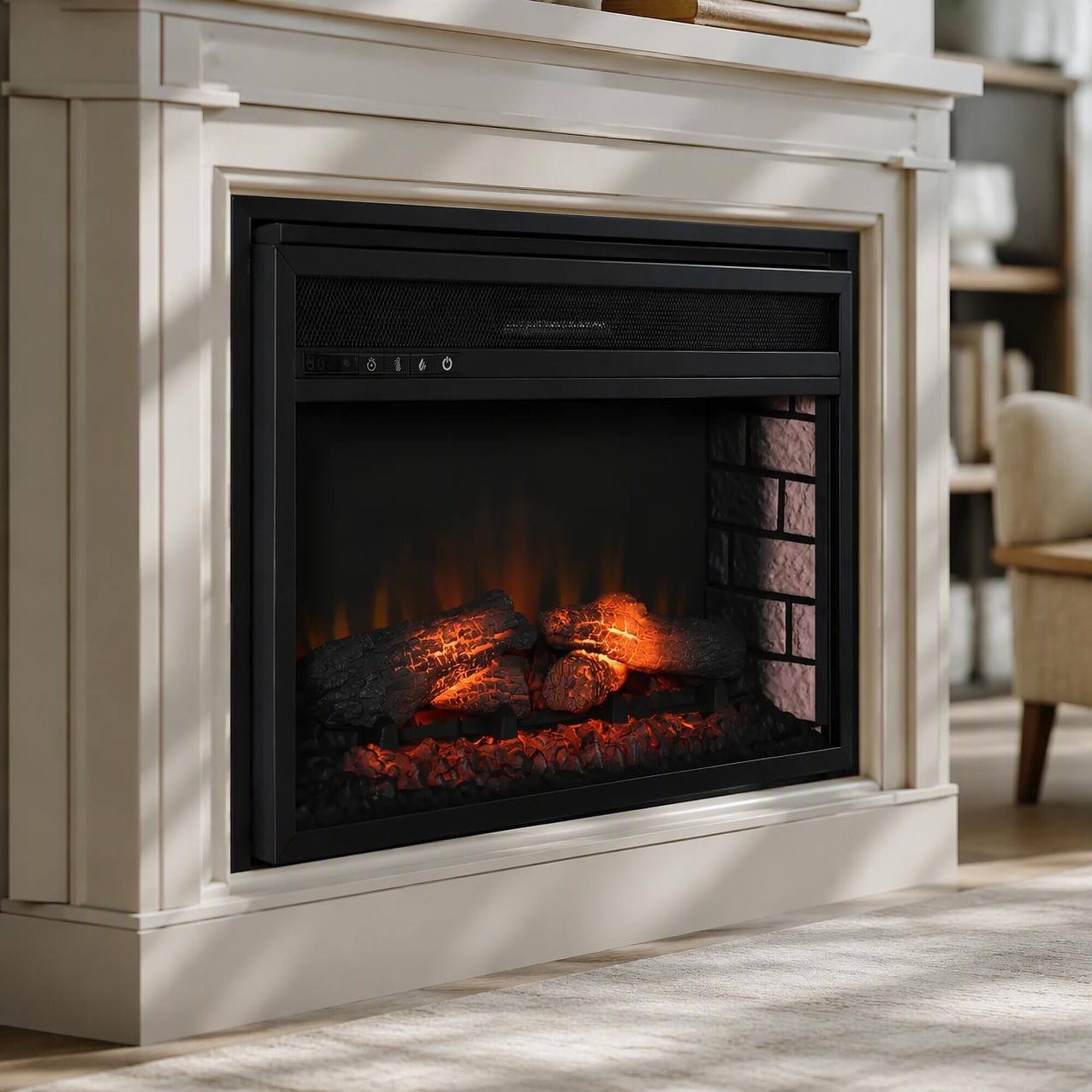 Front. RYHNUYNE - Retro Recessed Electric Fireplace Insert Heater, Realistic Log Flame Adjustable Brightness With Remote Control - Black.
