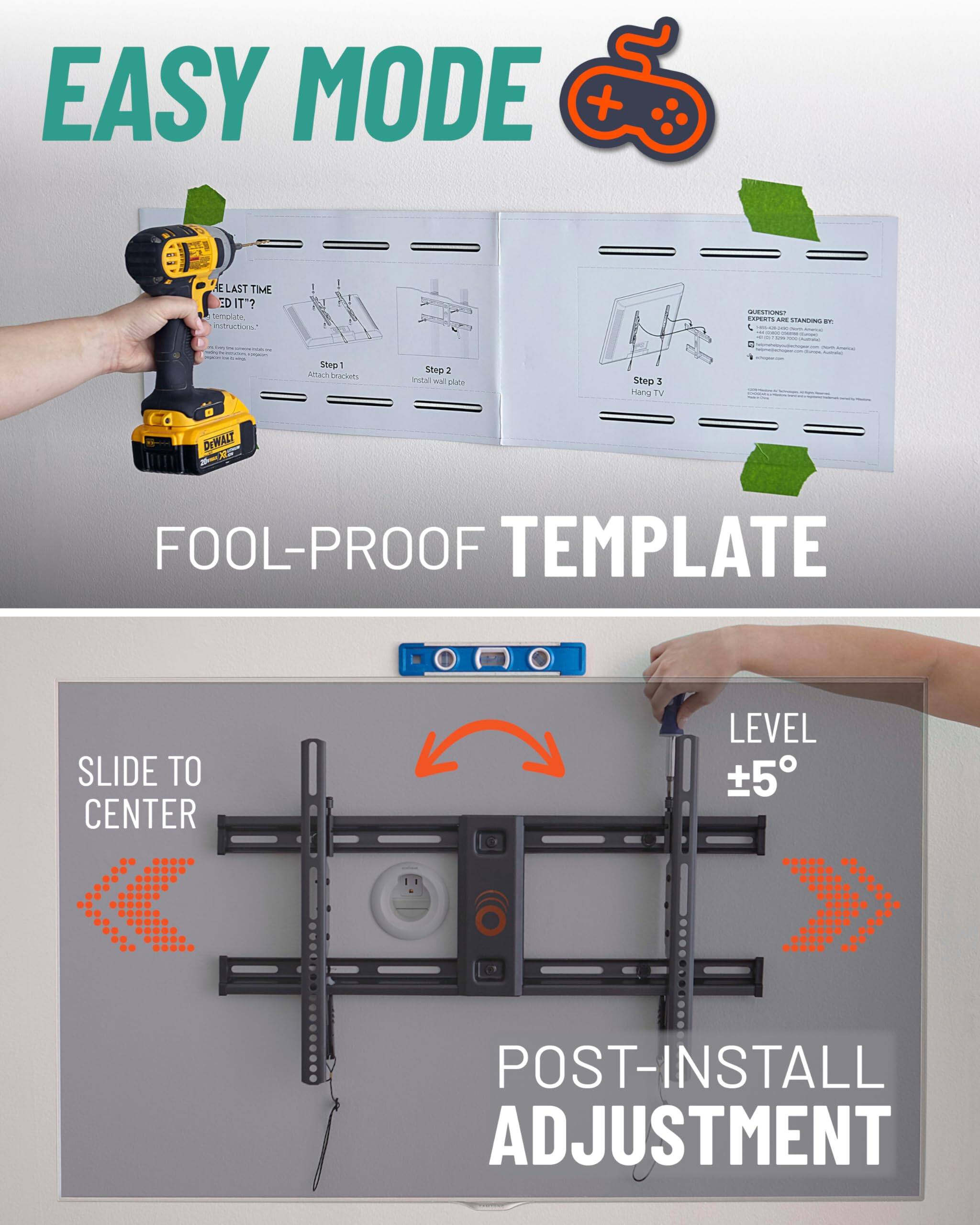 EASY MODE, FOOL-PROOF TEMPLATE, SLIDE TO CENTER, LEVEL +5, POST-INSTALL ADJUSTMENT