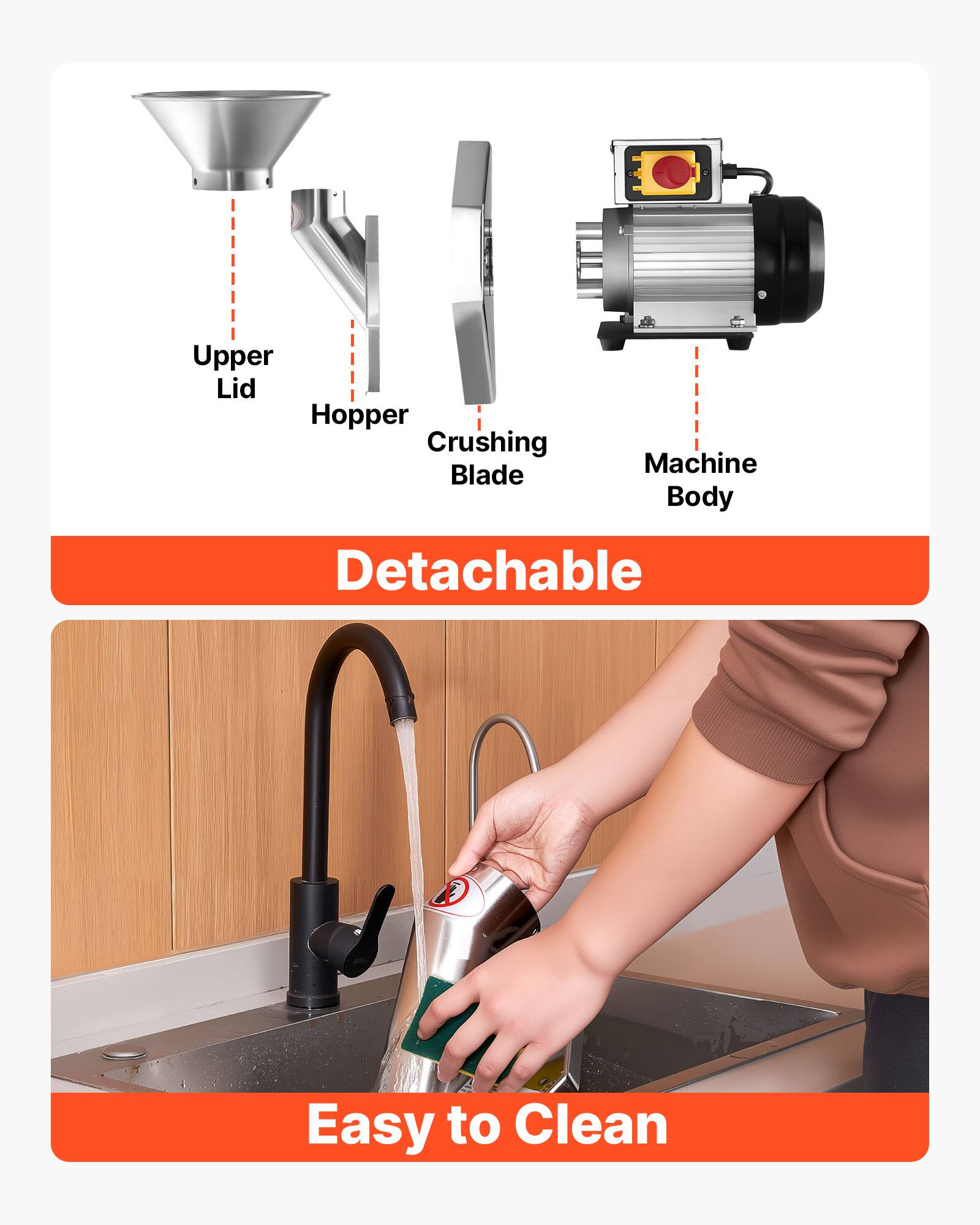 Upper Lid Hopper Crushing Blade  
Machine Body  
Detachable  
Easy to Clean