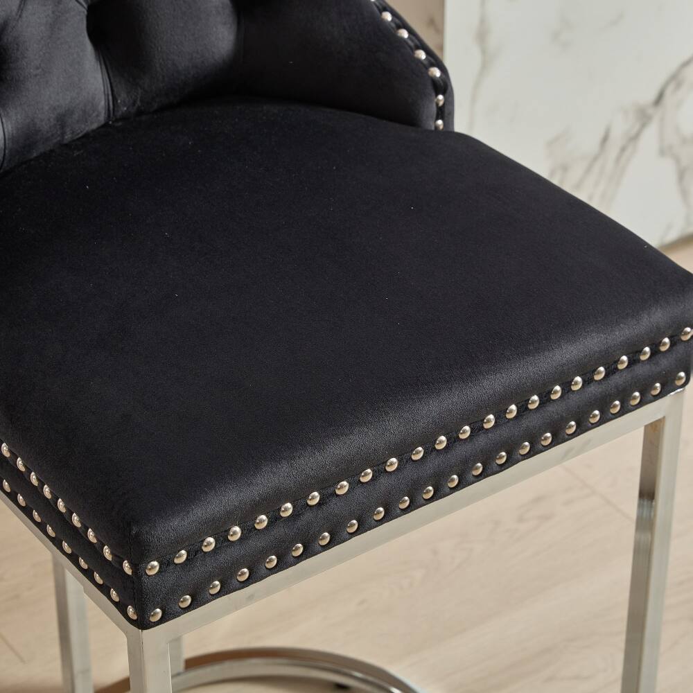Alt View 9. Loheer - Loheer Counter Height Bar Stools Set of 2 Black Velvet Tufted Kitchen Island Chairs with Metal Legs - Black.
