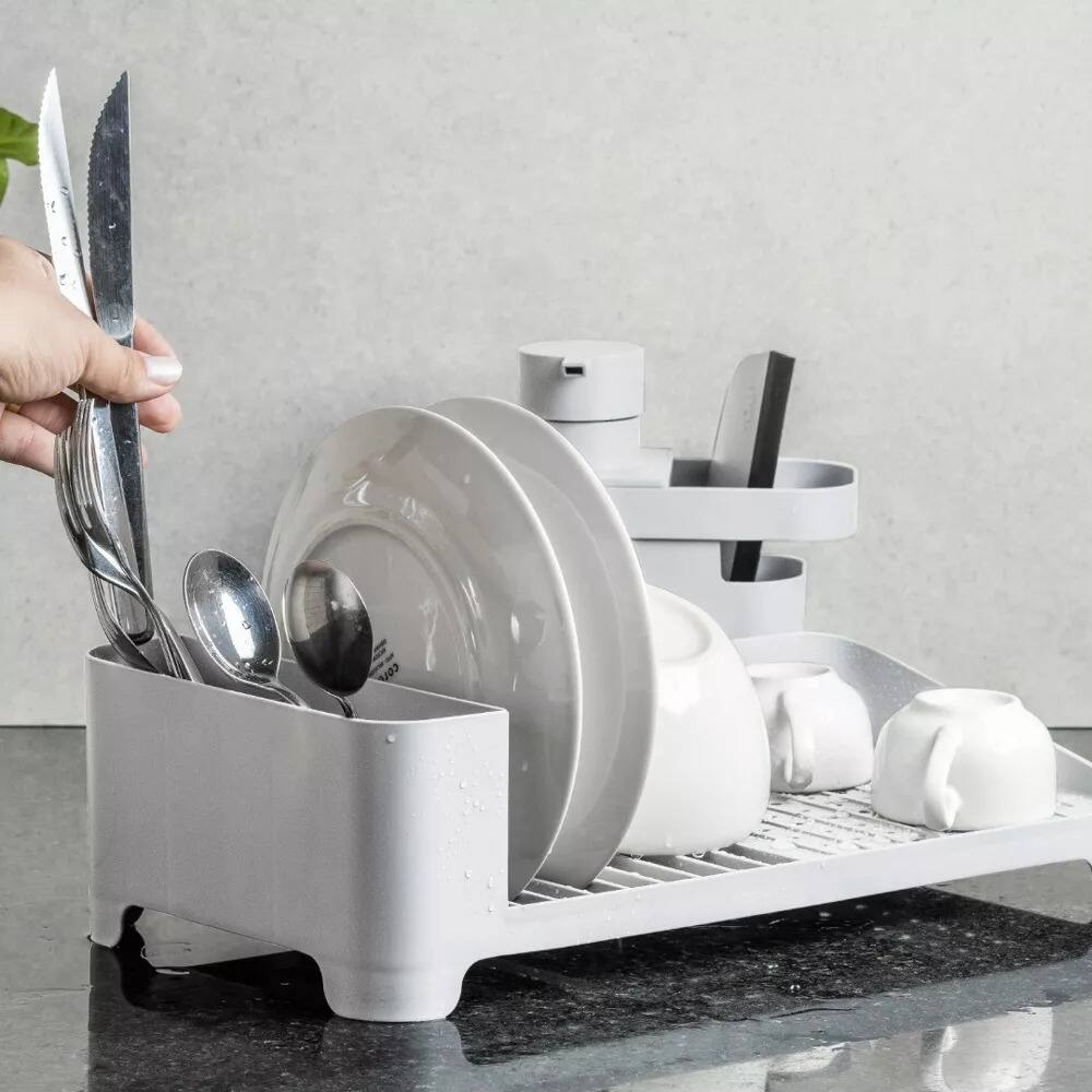 Angle. OU - OU Dish Drying Rack, Freestanding Polypropylene Dish Drying Rack with Utensil Holder - 16" x 8" - White - White.