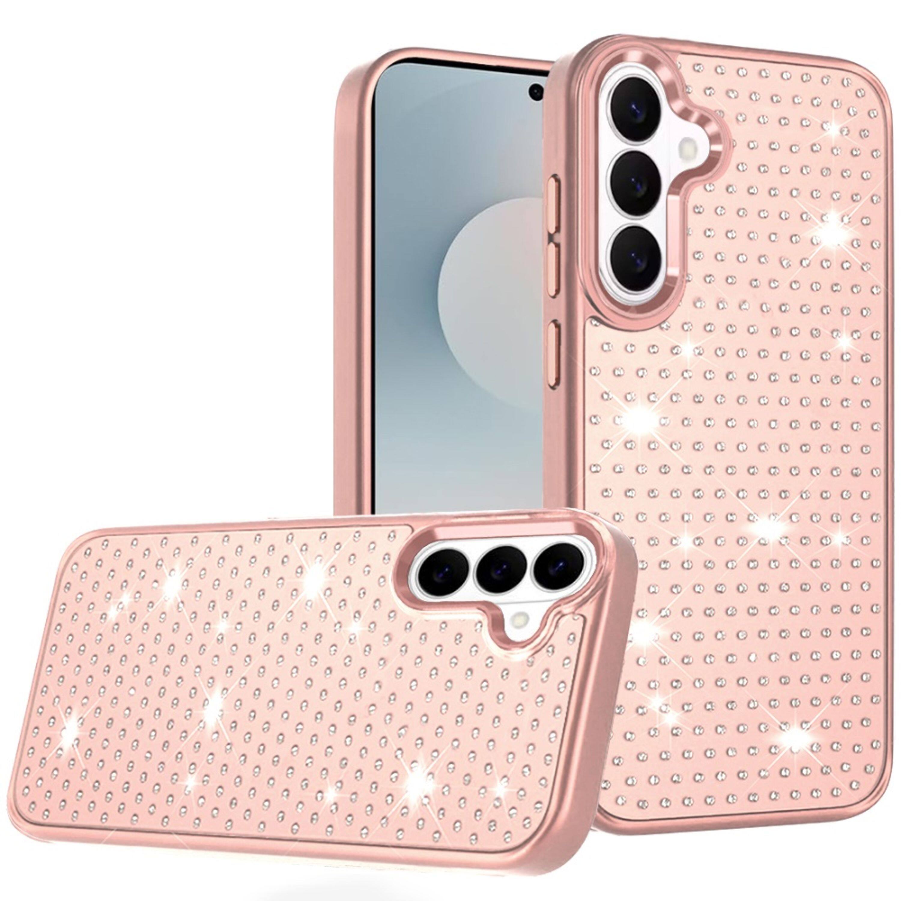 Front. Kitcheniva - Rhinestone Crystal Chrome Edge Case With Tempered Glass For Samsung S26 Plus Rose Gold - Rose Gold.