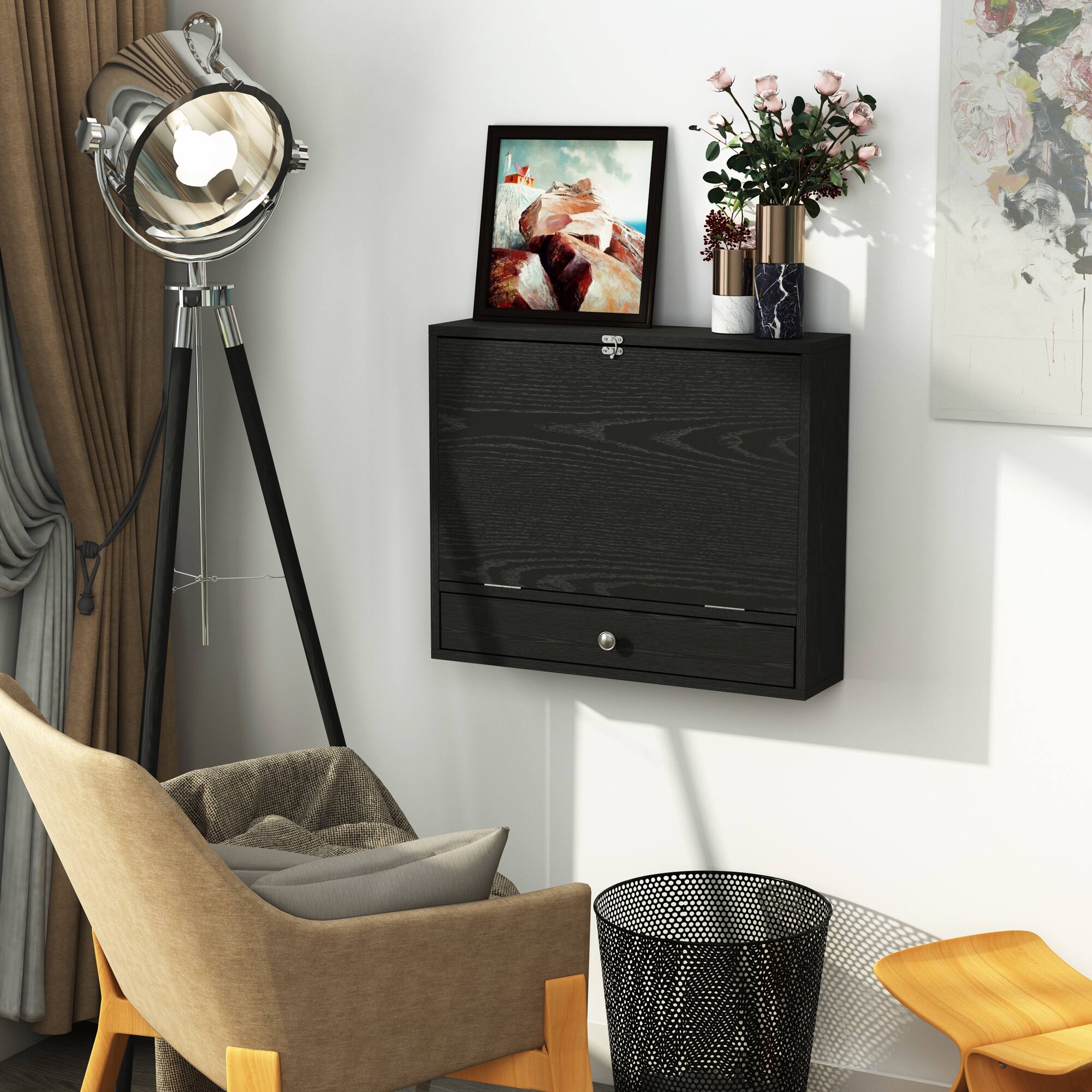 Alt View 4. Homcom - Wall Mounted Desk with Storage Shelves, Floating Foldable Tabletop, 23.5x6x19.75 Inch - Black.