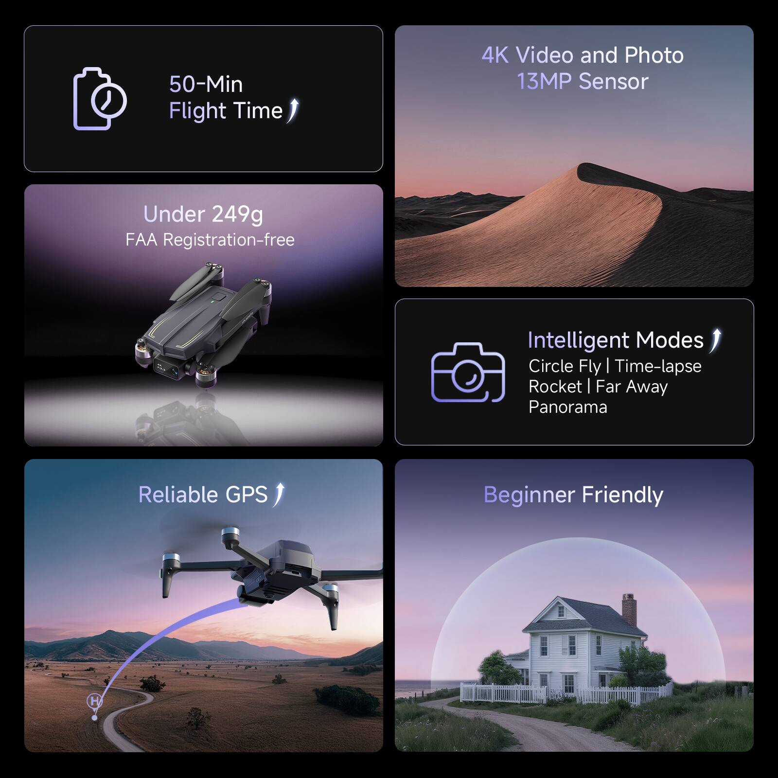 - 50-Min Flight Time
- Under 249g FAA Registration-free
- 4K Video and Photo 13MP Sensor
- Intelligent Modes: Circle Fly | Time-lapse | Rocket | Far Away | Panorama
- Reliable GPS
- Beginner Friendly