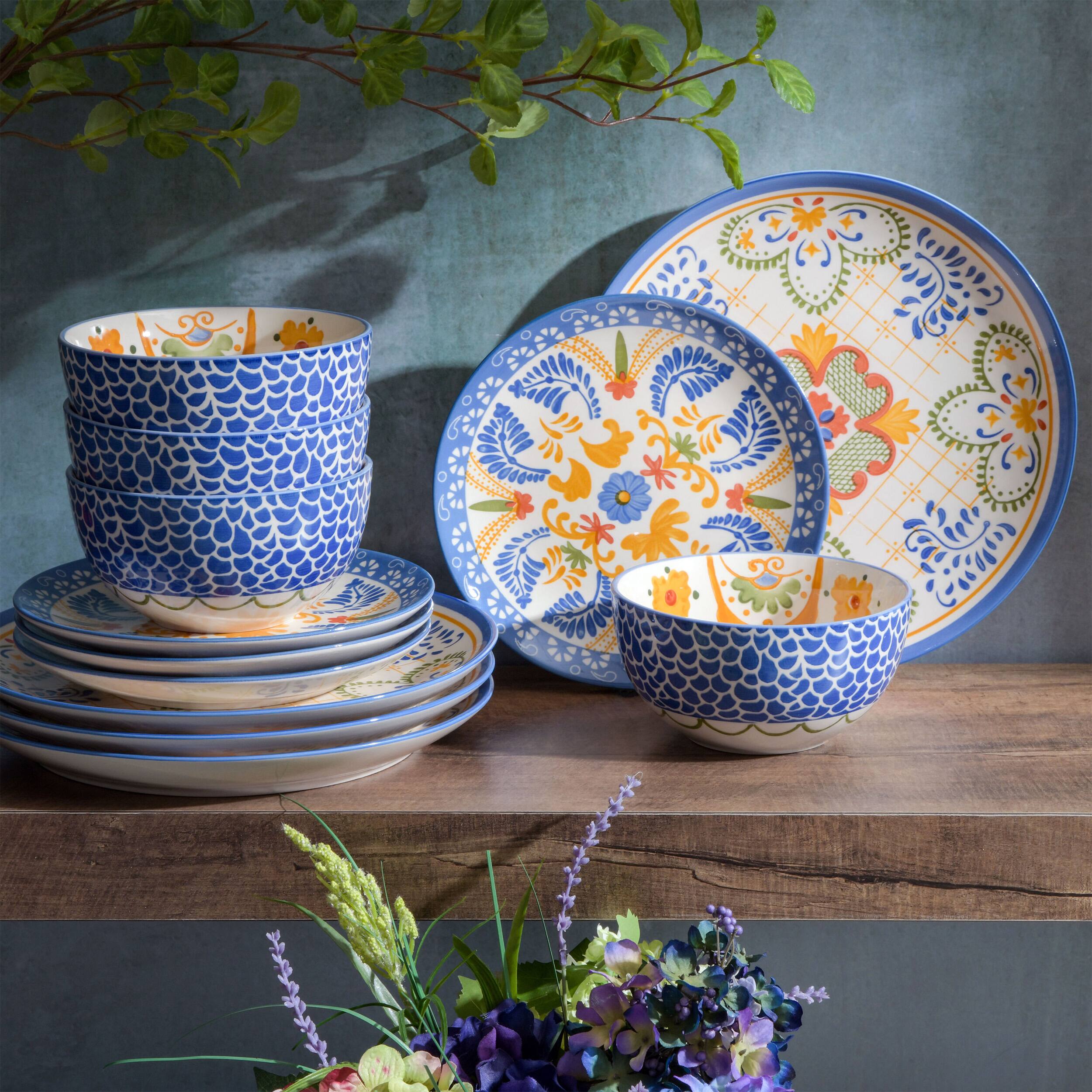 Alt View 8. Laurie Gates - Laurie Gates Tierra Tile 12 Piece Round Stoneware Dinnerware Set in Assorted Designs - Blue.