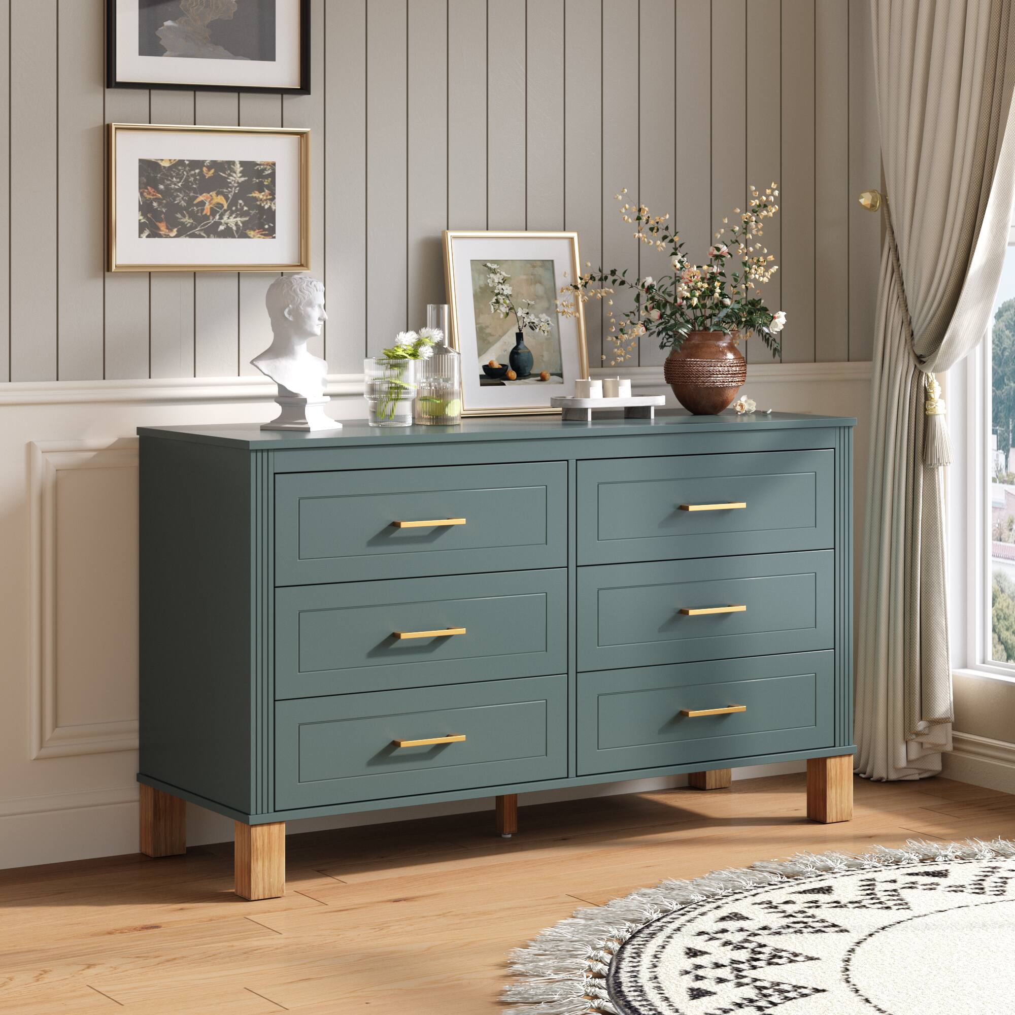Angle. Loheer - Loheer 6-Drawer Double Dresser in Blue Modern Solid Wood Kids Bedroom Cabinet - Blue.