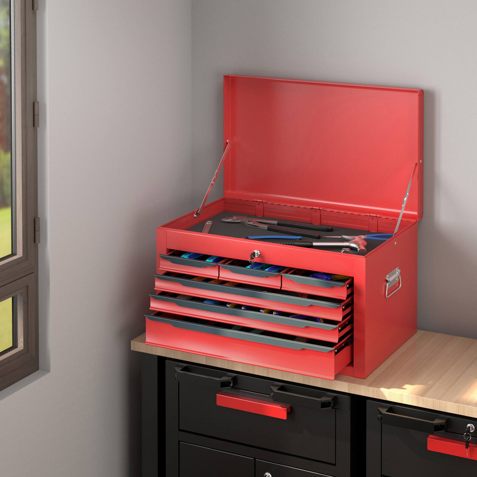 Alt View 1. Gymax - Gymax 24'' Tool Chest Case Steel Tool Box w/ 6 Drawers Top Storage Automatic Lock Red - Red.