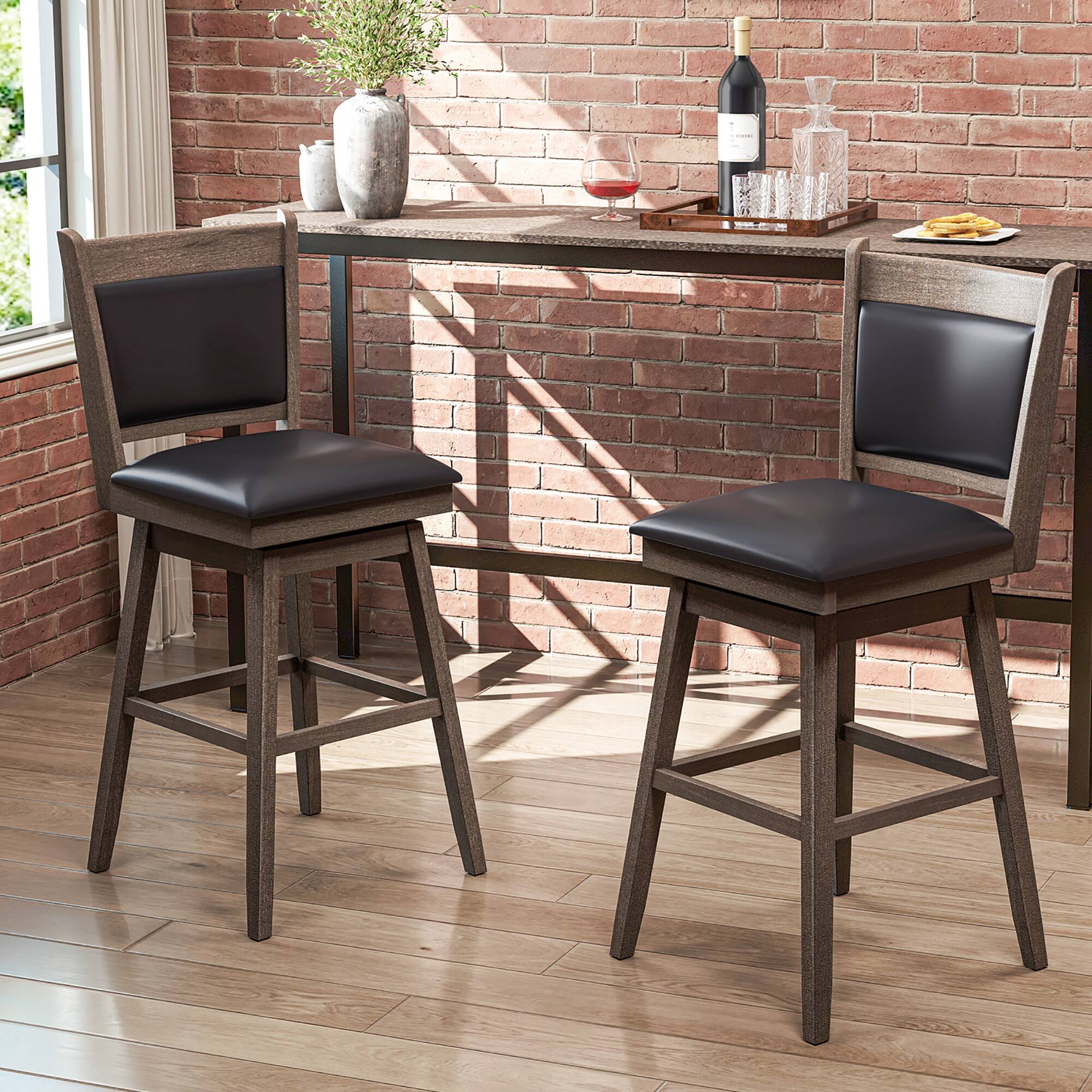 Alt View 3. Gymax - Gymax 29'' Swivel Bar Stools Set of 4 w/ Back Rubber Wood Legs Sturdy Footrest - Black, Light Gray.